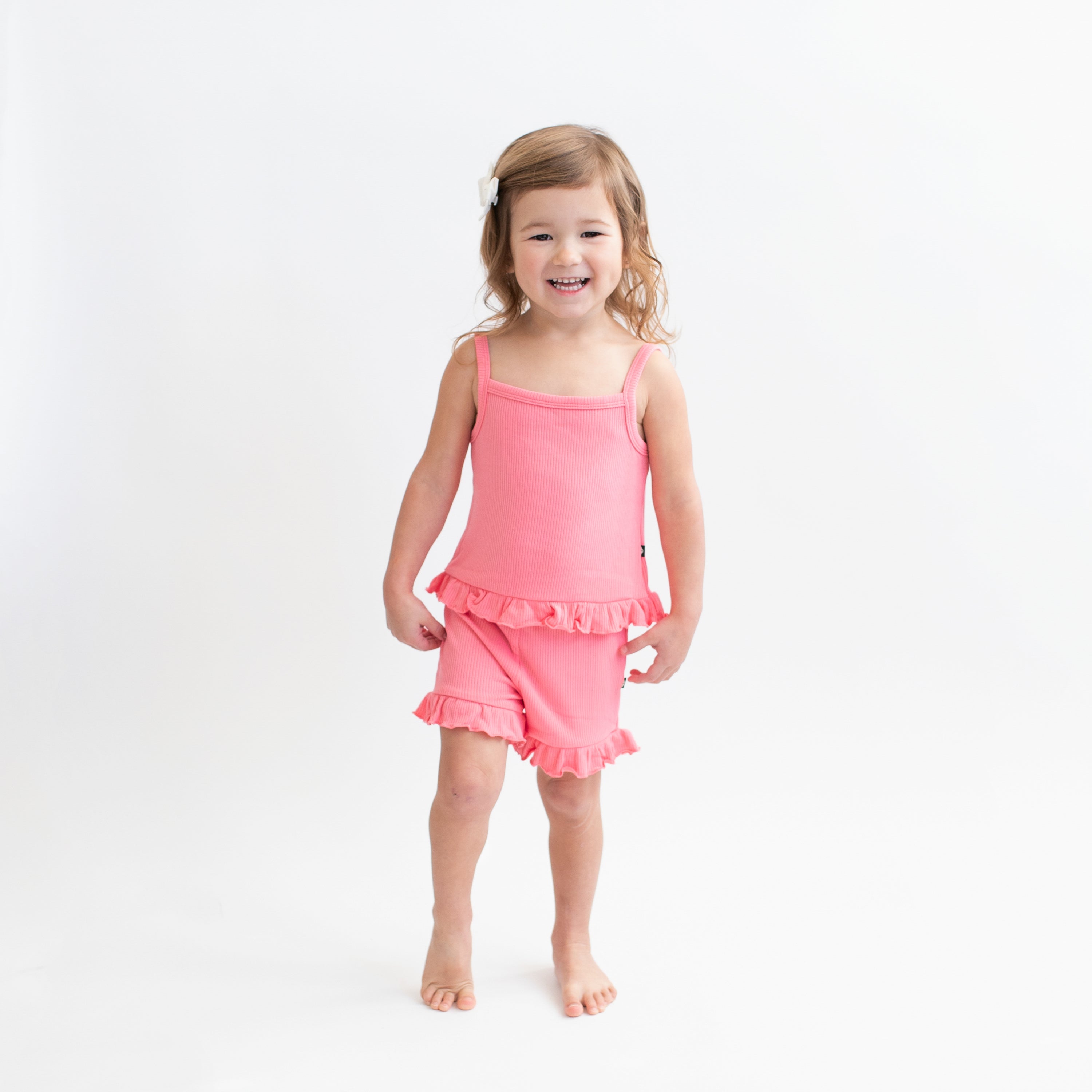 Guava Ribbed Ruffle Tank Top Set - Women's Summer Fashion Stretch Camisole & Shorts Outfit for Beach, Vacation and Casual Wear