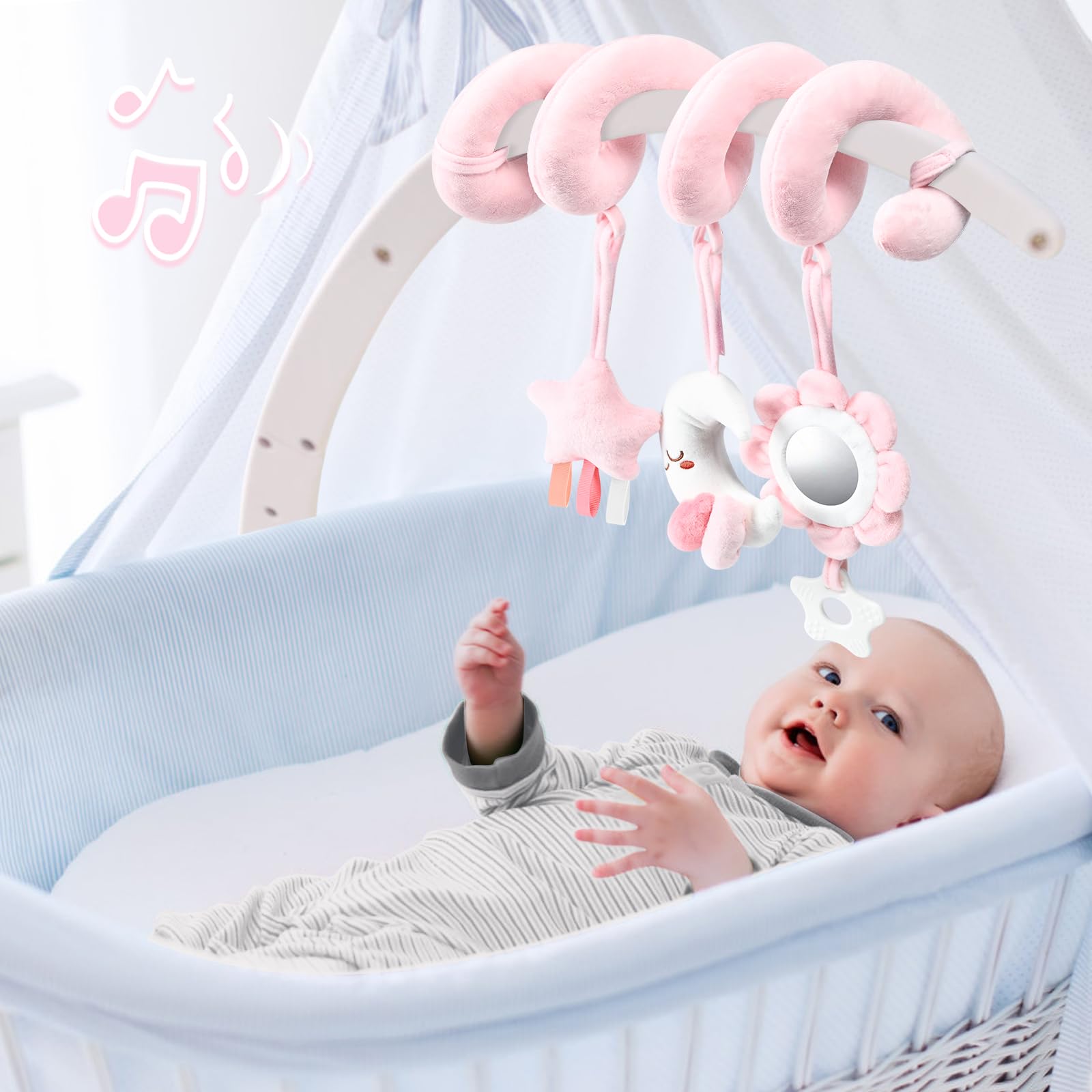 Spiral Baby Car Seat Toy with Mirror & Rattles - Newborn Gift for 0-12 Months - Perfect for Strollers & Cribs