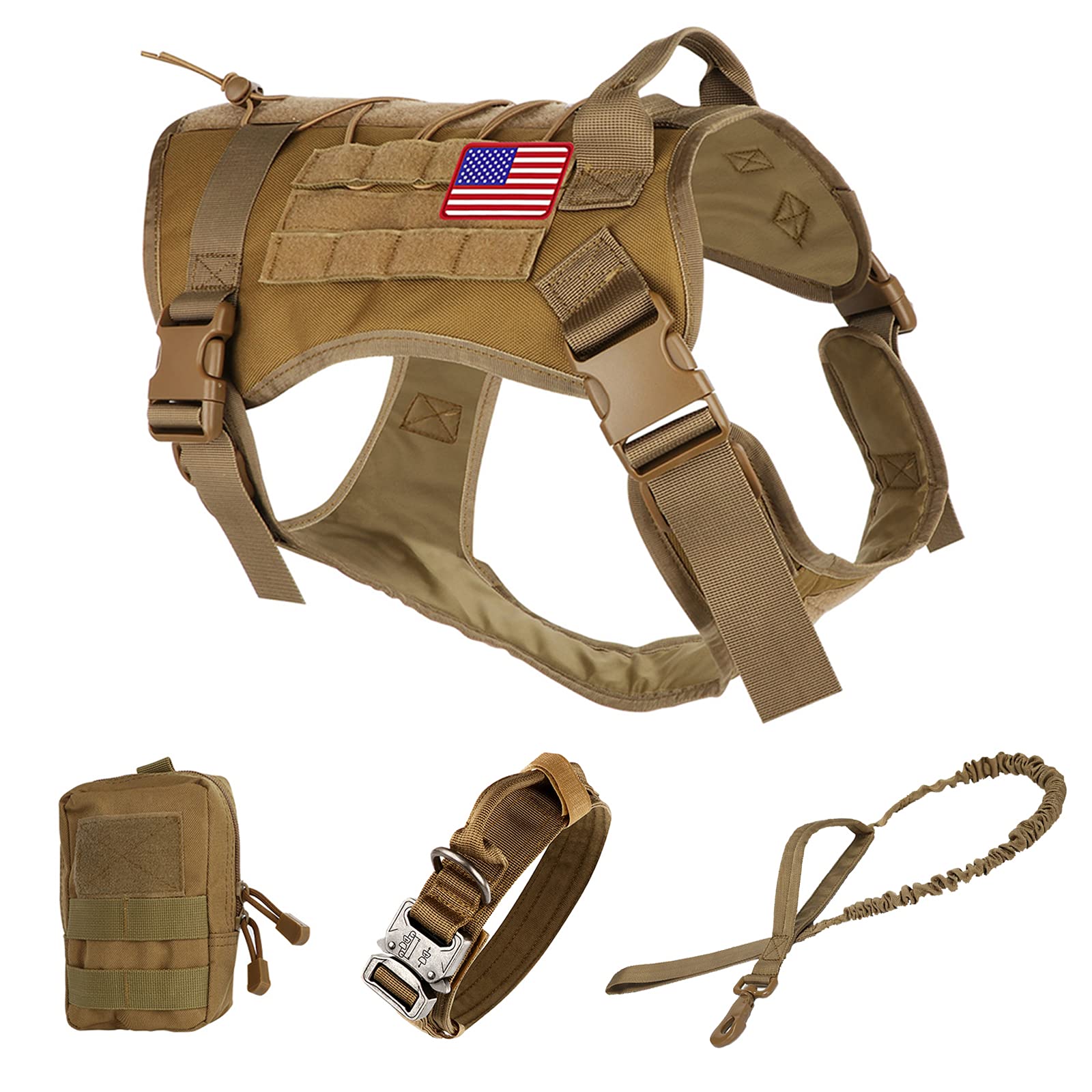 Pruk Tactical Dog Harness Set - Military K9 Vest with MOLLE Pouch, No-Pull Collar & Leash for Large Dogs | Service Dog Training Gear for Hiking, Outdoor Adventures (Khaki, Size L)