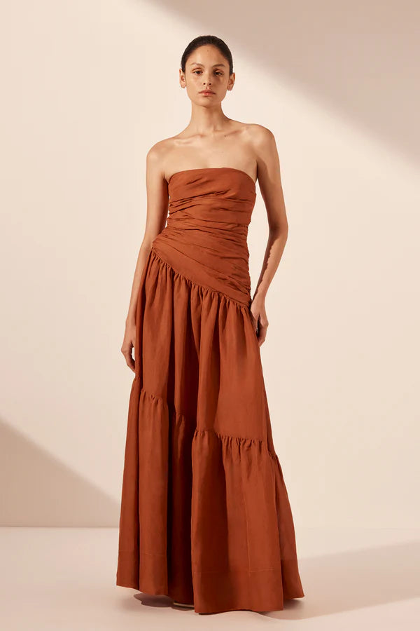 Celeste Strapless Tiered Maxi Dress in Rust - Elegant Summer Beach Wedding Guest Dress for Women
