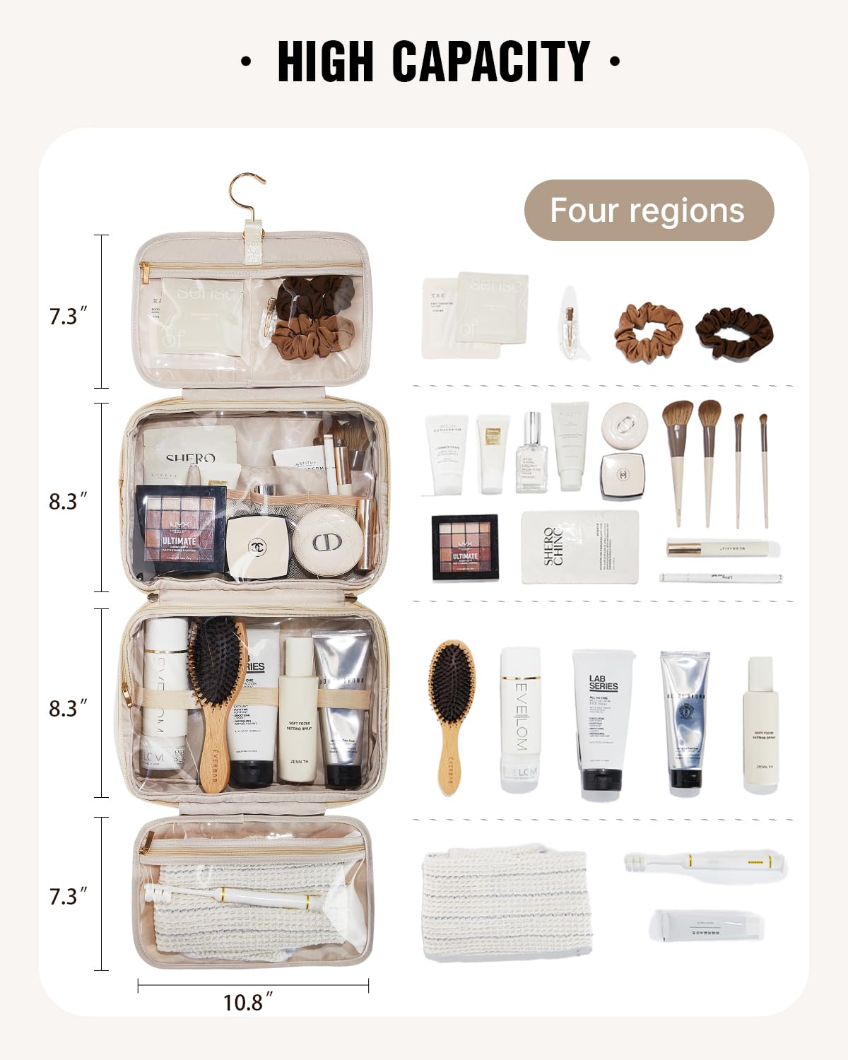 EACHY Hanging Toiletry Bag for Women - PU Leather Waterproof Travel Makeup Organizer with 4 Compartments & Hook - Portable Cosmetic Case for Bathroom, Gym, Vacation Essentials (Beige)