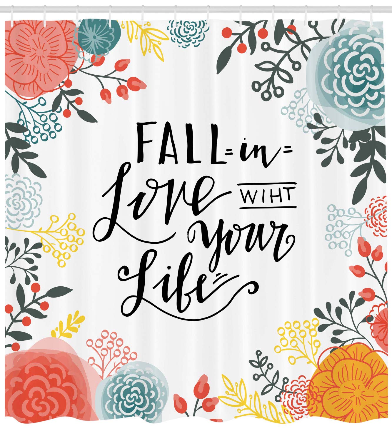 Ambesonne Inspirational Shower Curtain - 'Fall in Love with Your Life' Quote with Botanical Frame, 105