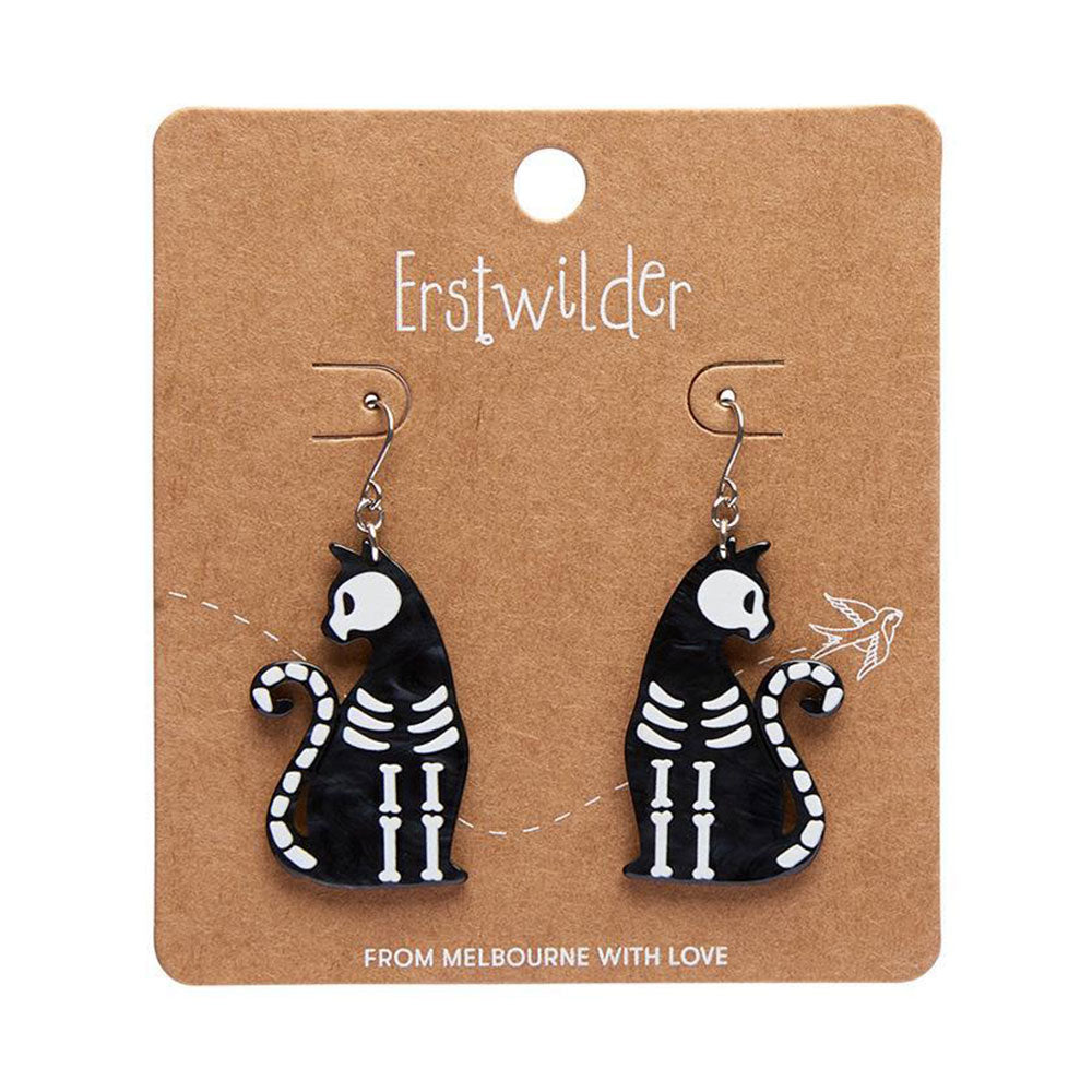 Erstwilder Black Bone Kitty Drop Earrings - Cute Cat-Themed Jewelry for Women, Perfect for Halloween, Cosplay & Gothic Fashion Accessories
