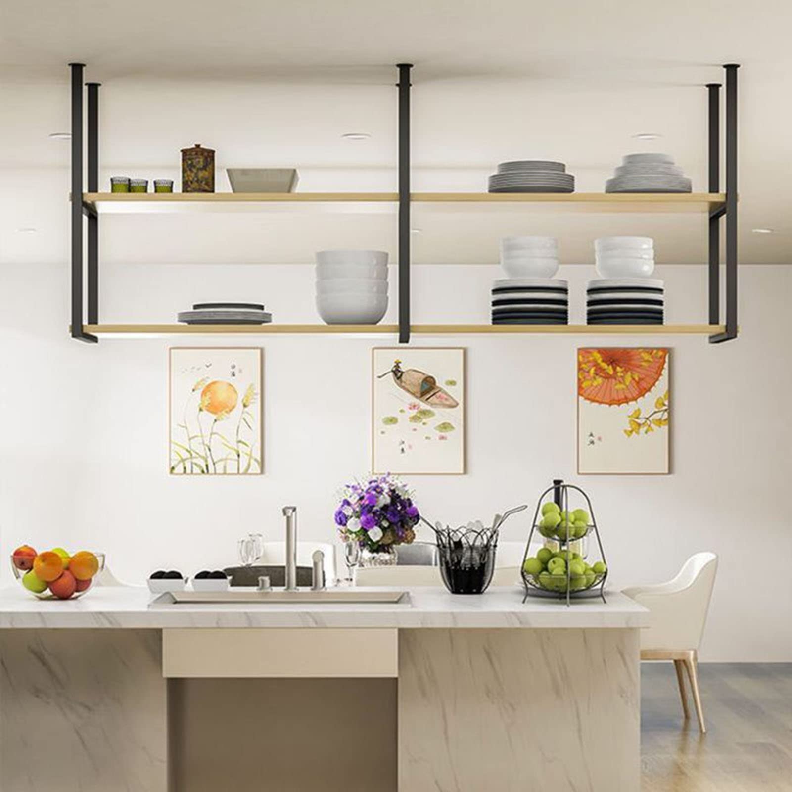 Industrial Black Wrought Iron Floating Shelf with Solid Wood - 80x30x80cm Ceiling Mounted Storage for Wine, Plants & Kitchen Decor | Perfect for Modern Home, Bar, Restaurant & Office Display