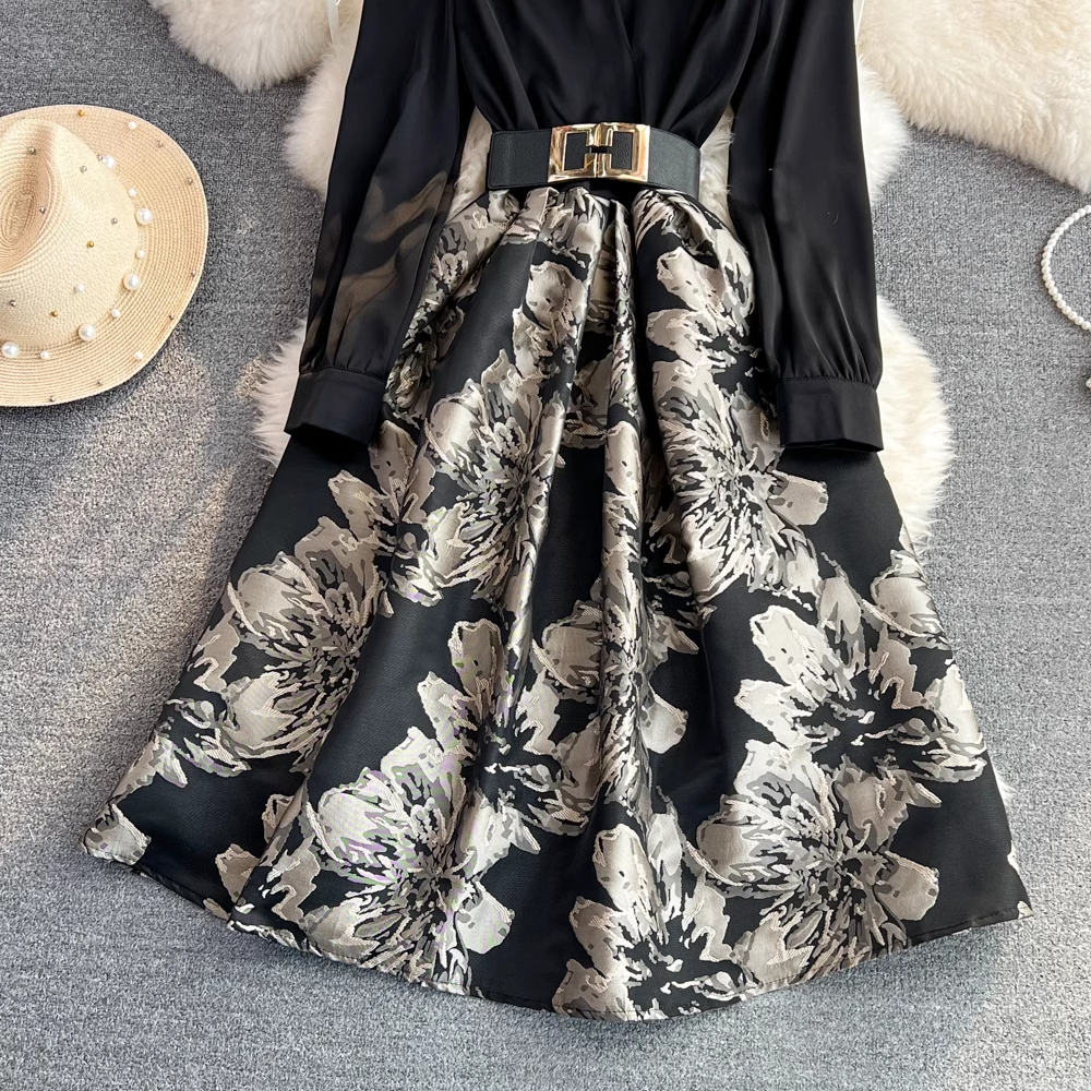 Elegant Long Sleeve V-Neck Printed A-Line Dress for Women | Flowy Party & Evening Gown | Perfect for Weddings, Cocktail Parties & Date Nights