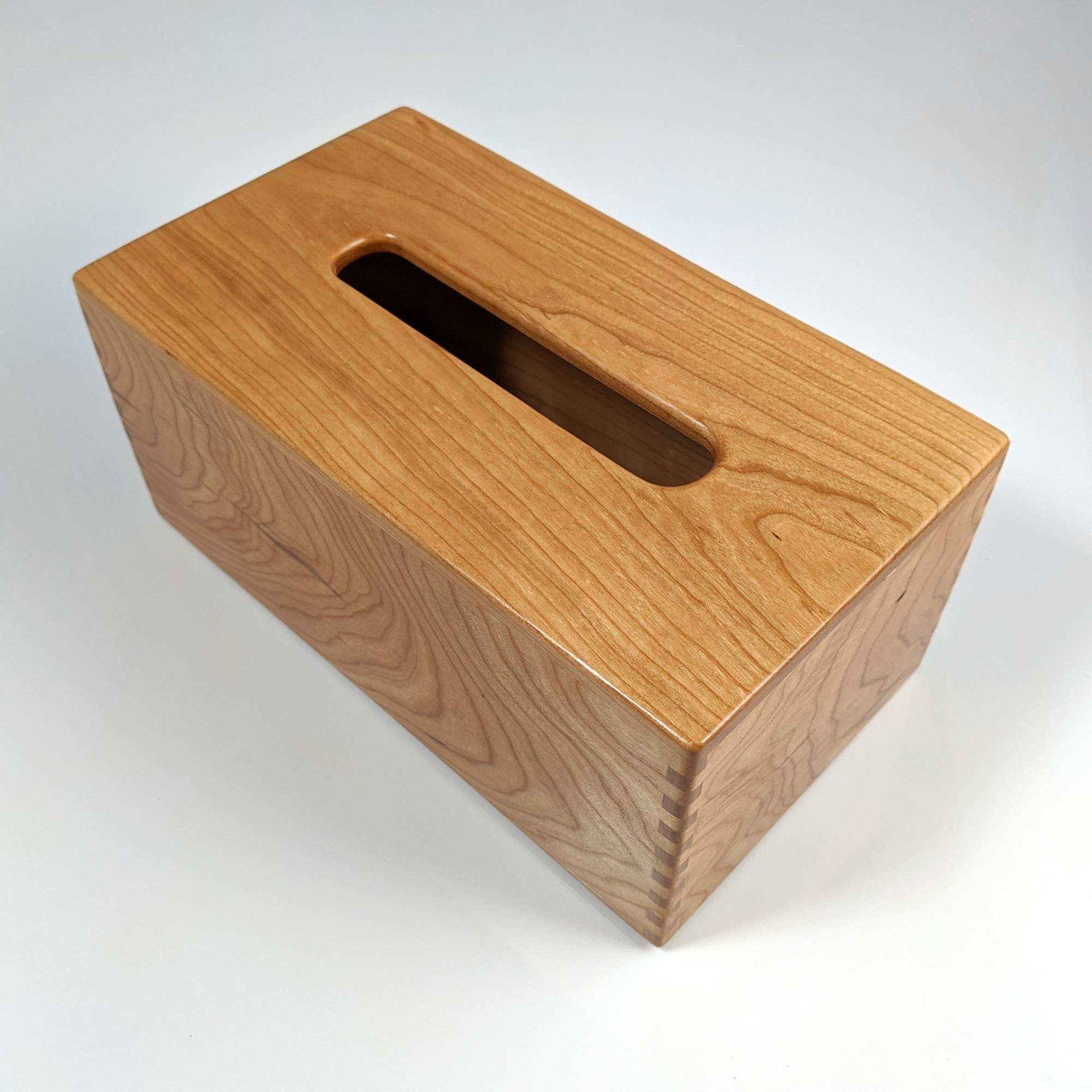 Handmade Cherrywood Tissue Box Cover - Solid Wood Rectangle Tissue Box Holder with Box-Jointed Sides for Home & Office Decor