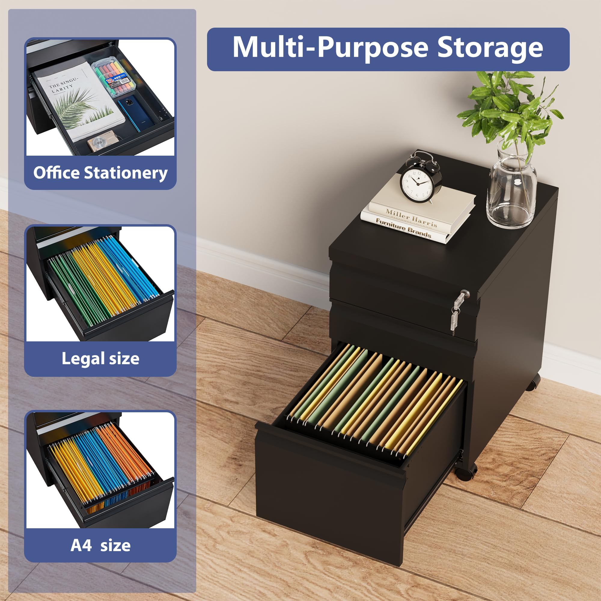 3-Drawer Rolling File Cabinet with Lock - Black Metal Mobile Filing Cabinet for Legal/Letter Size Documents (Fully Assembled Except Casters) - Perfect for Office Organization, Home Office Storage & Business Document Filing