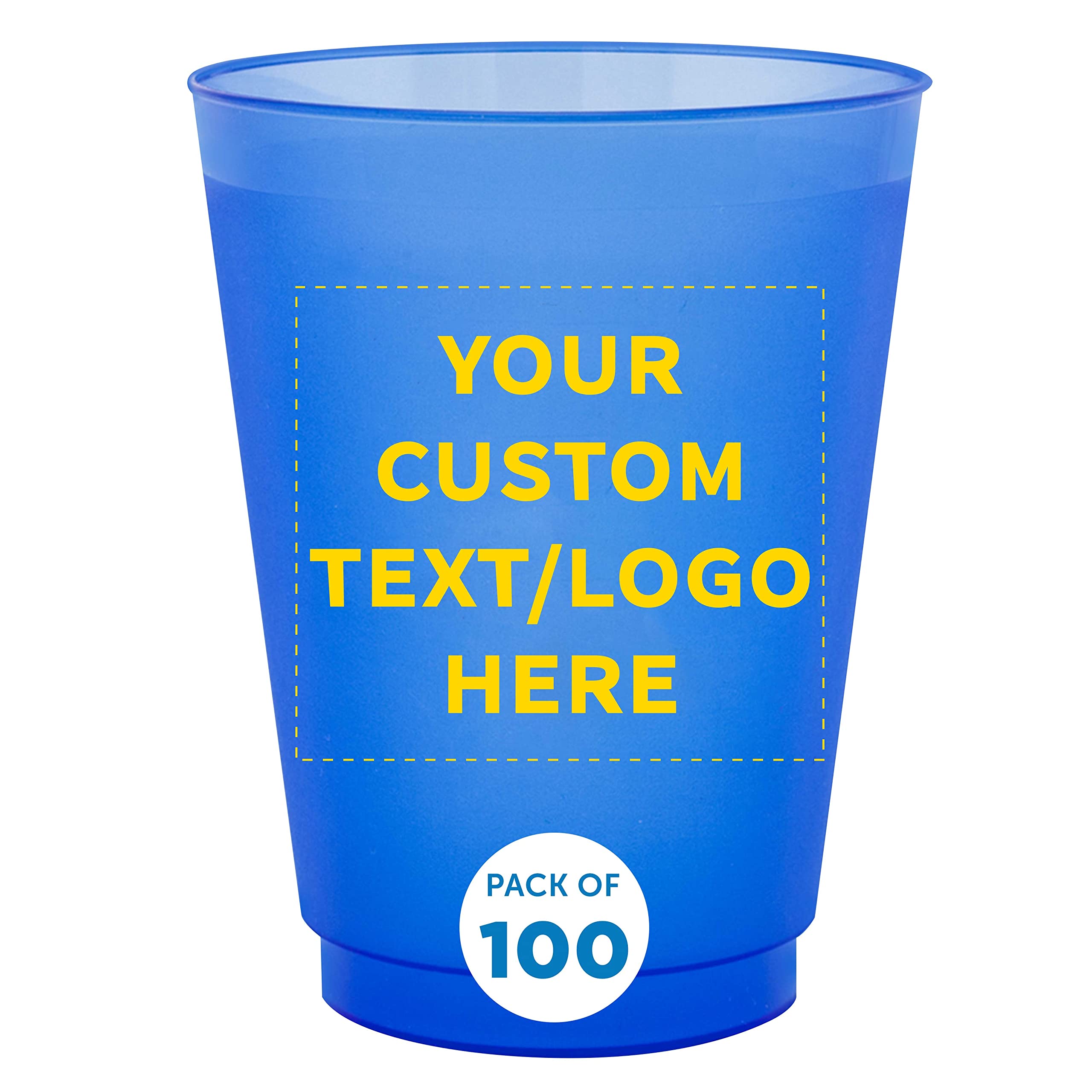 Custom Printed 16 oz Shatterproof Stadium Cups - 100 Pack Bulk Reusable Plastic Party Cups with Promotional Text & Logo - Perfect for Sports Events, Tailgating, and Outdoor Parties (Blue)