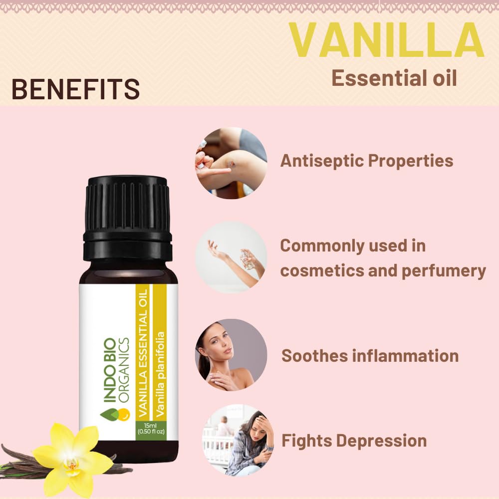 INDO BIO ORGANICS Pure Vanilla Essential Oil 15ml - Natural Skin, Face & Hair Care, Aromatherapy Diffuser, Candle Making - Relaxing Vanilla Scent for Stress Relief & Home Spa
