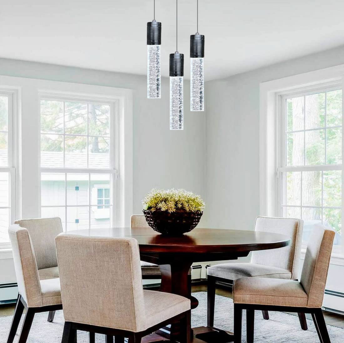 3-Light Black Linear Pendant Lighting Fixture for Kitchen Island & Dining Room - Modern Chandelier with Daylight Bulbs Included - Perfect for Contemporary Home Decor & Restaurant Ambiance