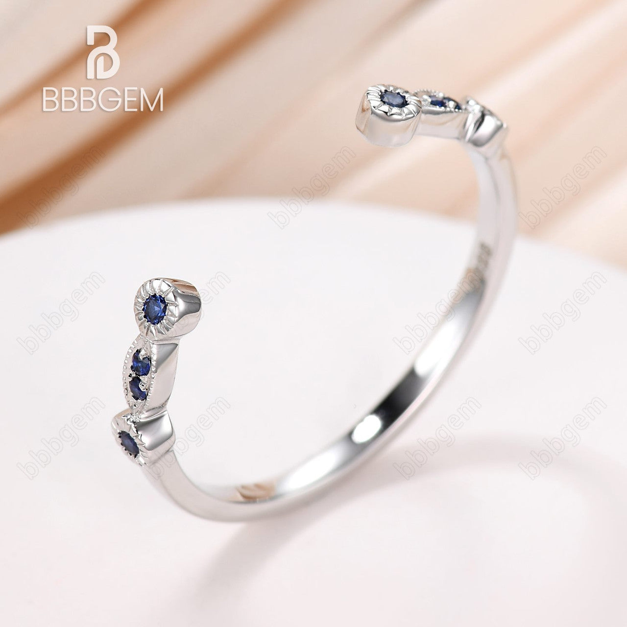 14K White Gold Natural Sapphire Open Gap Wedding Band - Marquise and Round Cut Sapphire Ring for Women, Perfect for Engagement, Anniversary, and Bridal Jewelry Gifts