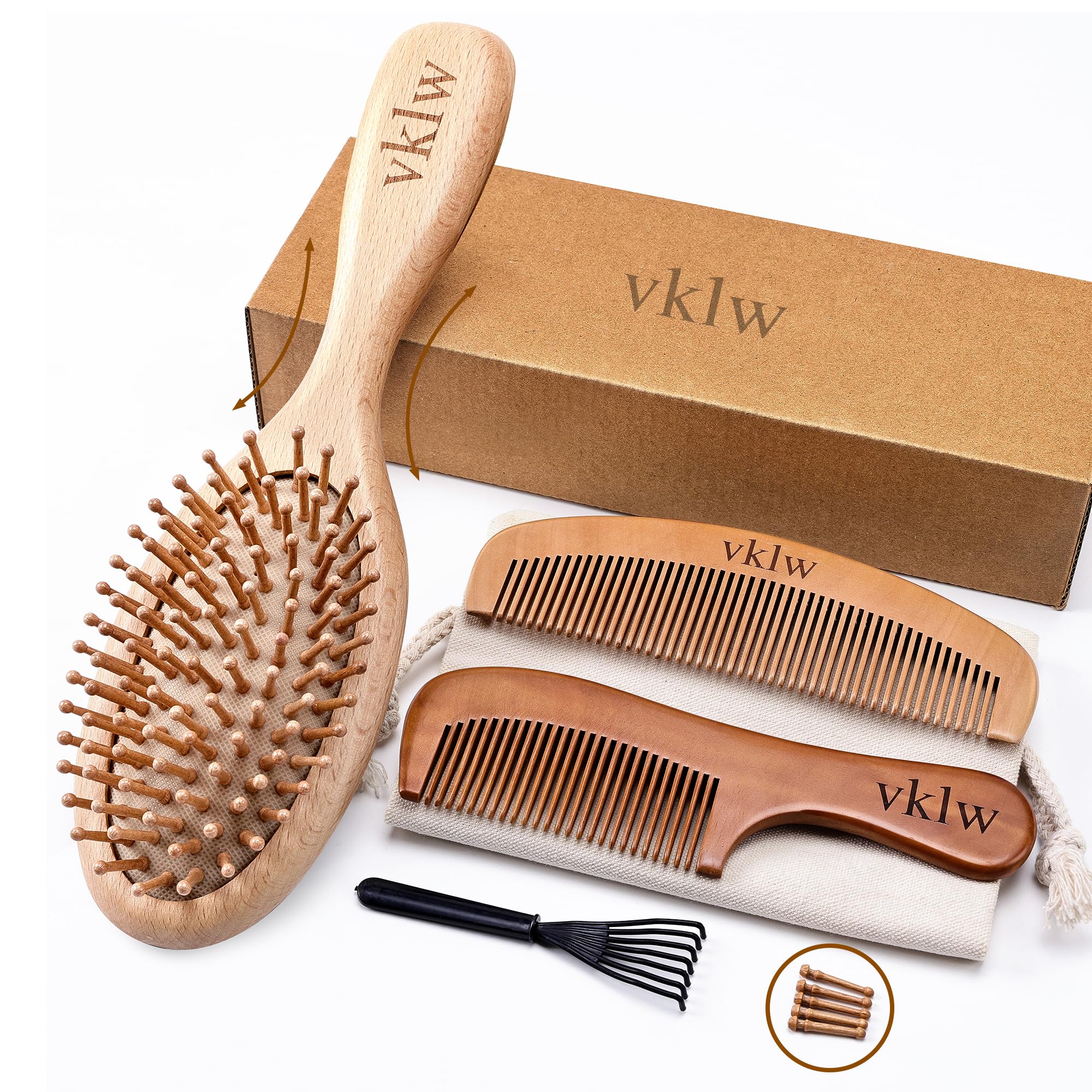 Wooden Hair Brush & Comb Set - Reduce Frizz, Static & Scalp Massage for Women & Kids - Home & Travel Use