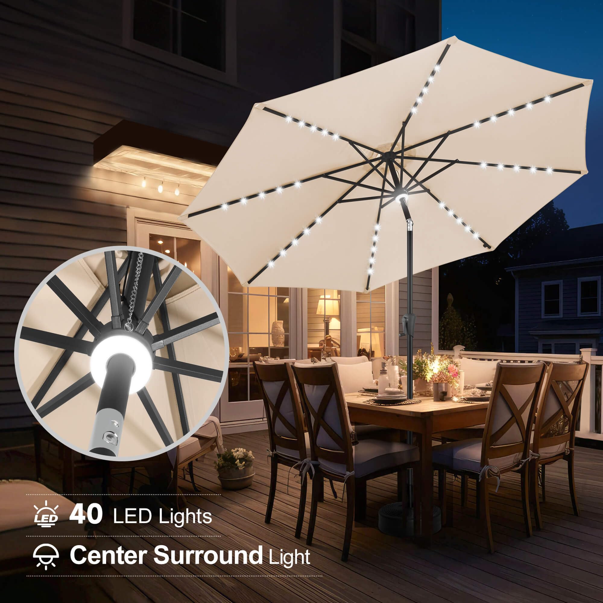 FLAME&SHADE 10 ft Solar Powered Outdoor Patio Umbrella with LED Lights and Tilt - Beige Waterproof Sun Shade for Garden, Poolside, Backyard and Beach