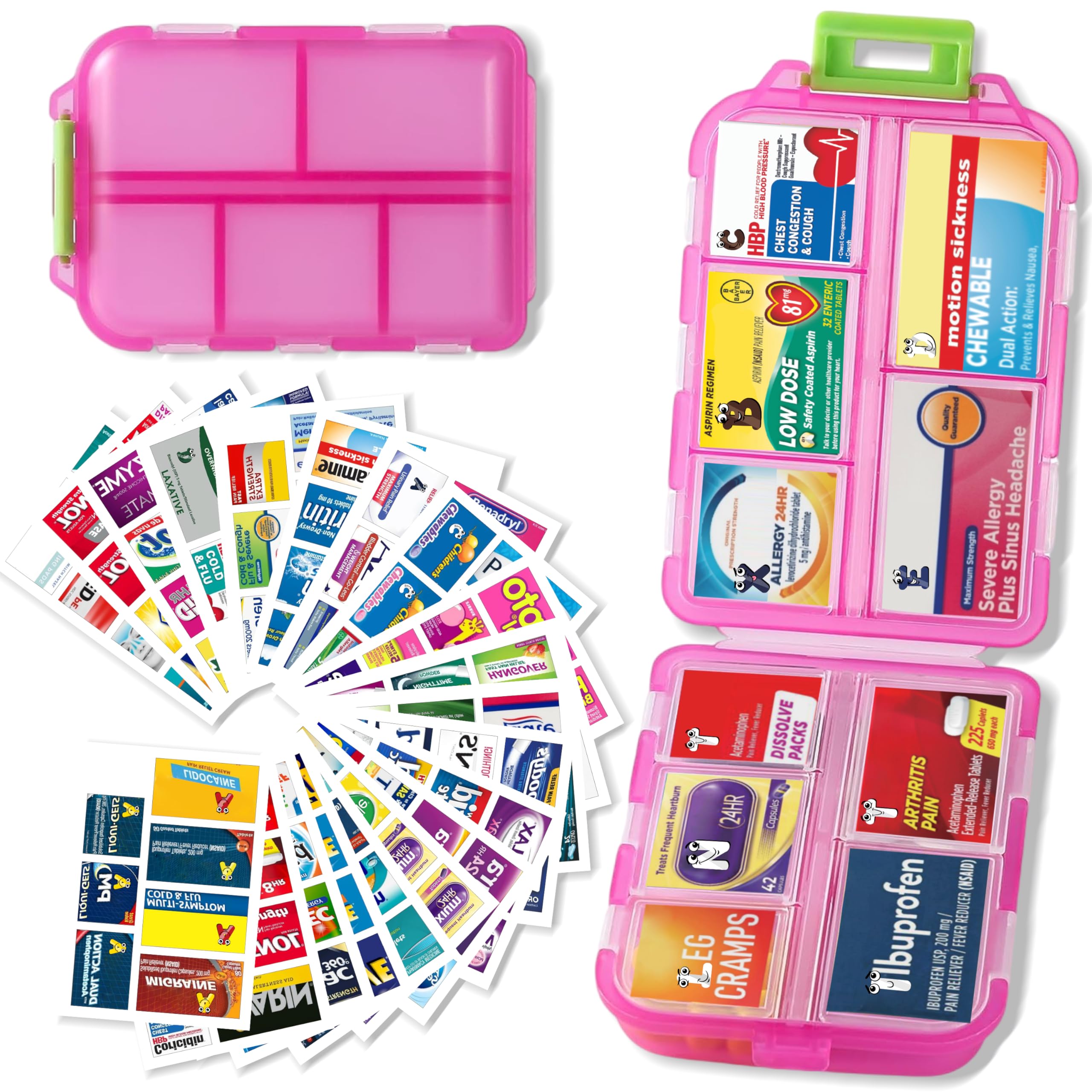 7-Day Pill Organizer with 146 Labels - Travel & Daily Medication Storage Case (Pink) | Portable Pill Box for Vitamins, Supplements & Prescriptions | Perfect for Home, Office & Travel Use