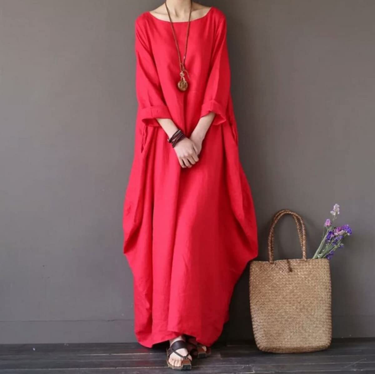 Women's Plus Size Cotton Linen Boho Dress - Long Sleeve Loose Caftan Beach Cover Up with Irregular Hem | Perfect for Summer Vacations, Beach Parties and Casual Outings