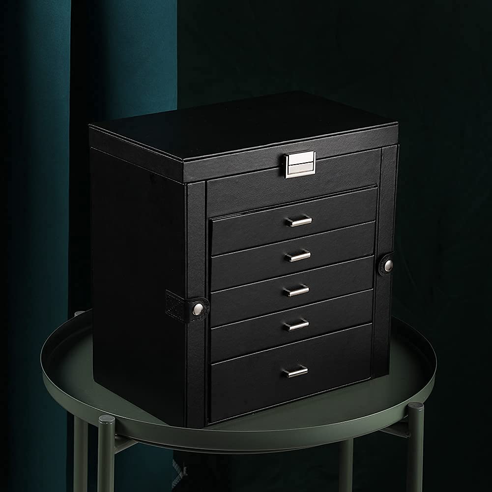 Frebeauty 6-Tier PU Leather Jewelry Organizer with Mirror & 5 Drawers - Perfect for Necklaces, Bracelets & Watches Storage