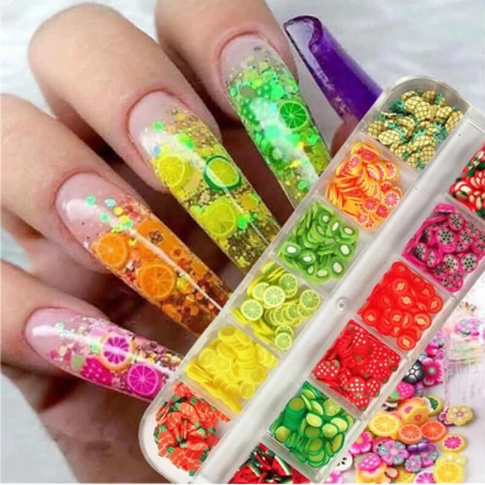 AKOAK 2 Boxes of Crystal Clay Strip Flowers & Fruit Slices - Apples, Strawberries, Watermelons for Nail Art, DIY Crafts, Scrapbooking & Home Decor (Perfect for Nail Salons, Party Decorations & Gift Making)