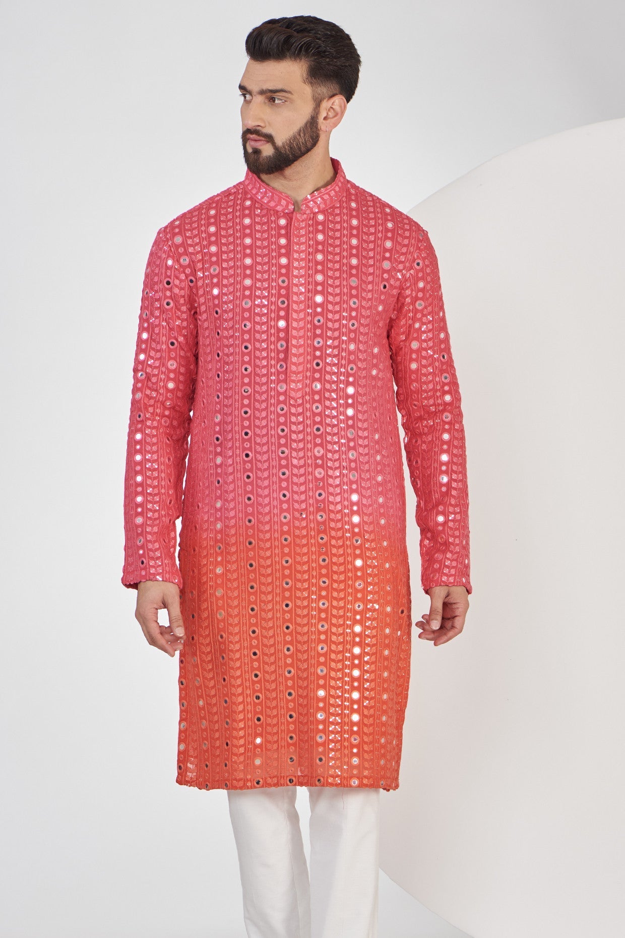 Stylish Pink and Orange Ombre Mirrorwork Kurta for Women | Traditional Indian Embroidered Tunic | Perfect for Festivals, Weddings & Ethnic Parties