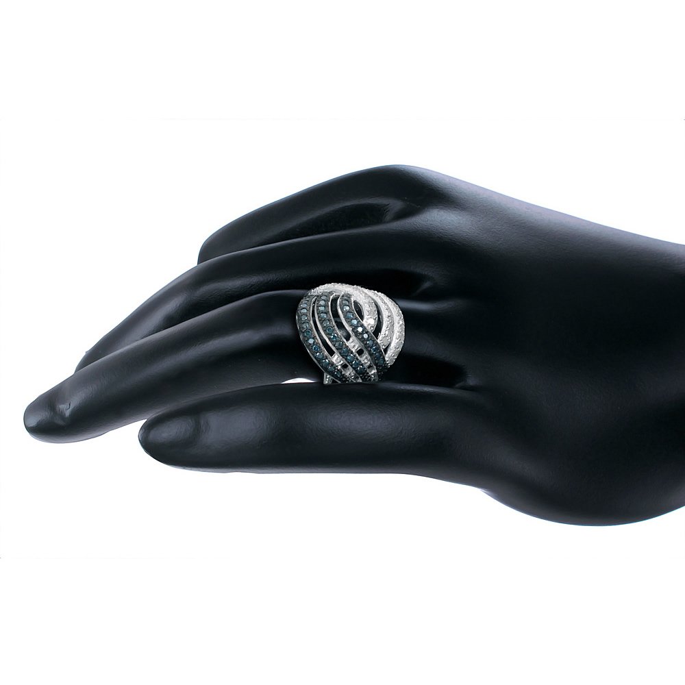 1.25 CTTW Blue & White Diamond Cocktail Ring - .925 Sterling Silver Size 7 - Elegant Jewelry for Parties, Weddings & Special Occasions