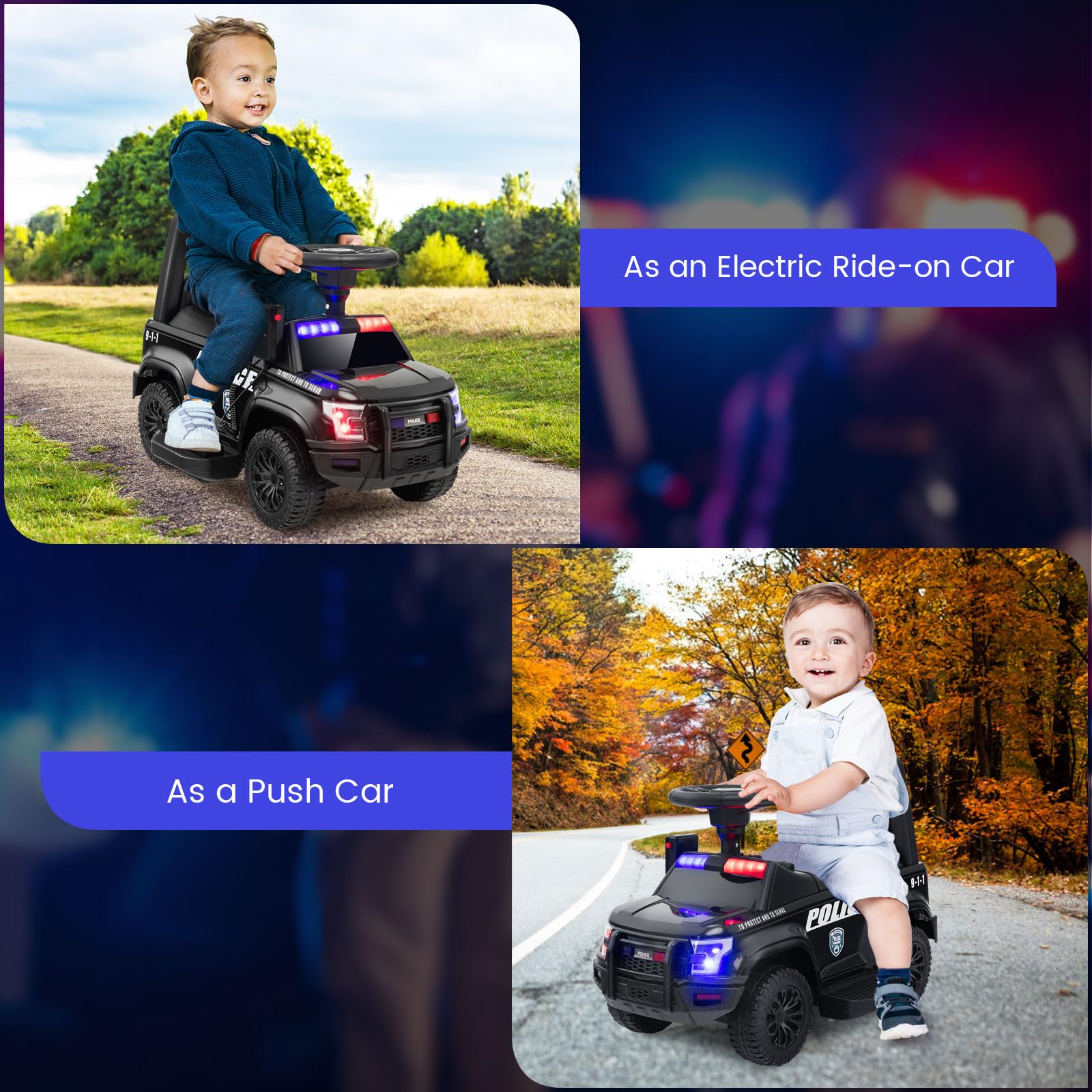 GOLUS 6V Kids Electric Police Car Toy with Megaphone, Siren, LED Lights & Music - Ride-On Toy Vehicle for Boys & Girls Ages 3-6 - Perfect for Outdoor Play, Birthday Gifts & Pretend Police Adventures
