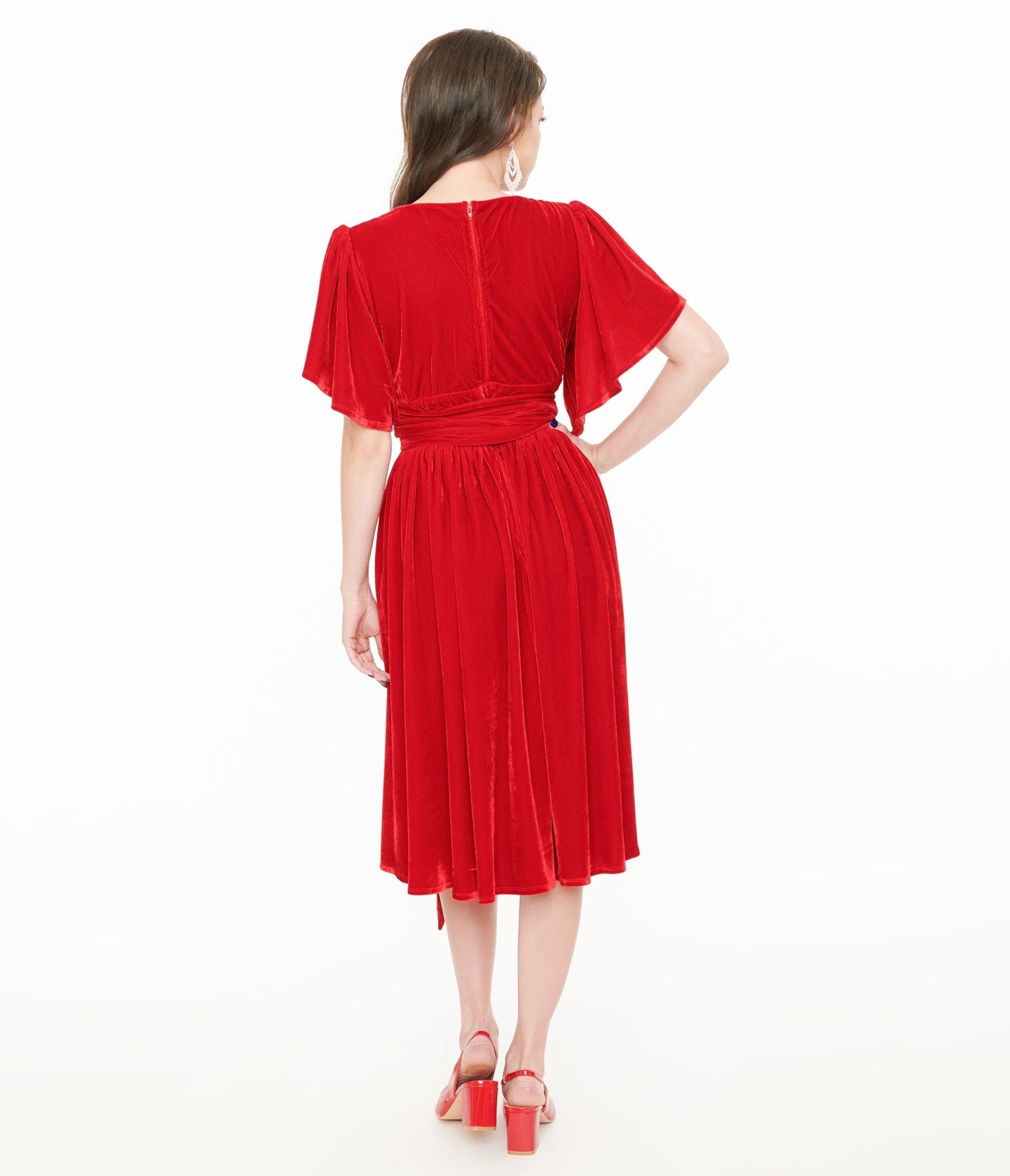 Vintage 1940s Red Velvet Swing Dress with Flutter Sleeves - Retro Lenora Style for Parties, Weddings & Special Occasions