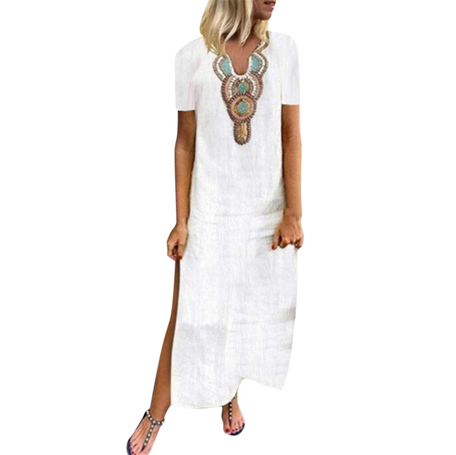 ETHKIA Women's Summer V-Neck Floral Print Maxi Dress - Lightweight Casual Beach Dress for Vacation, Party & Outdoor Activities