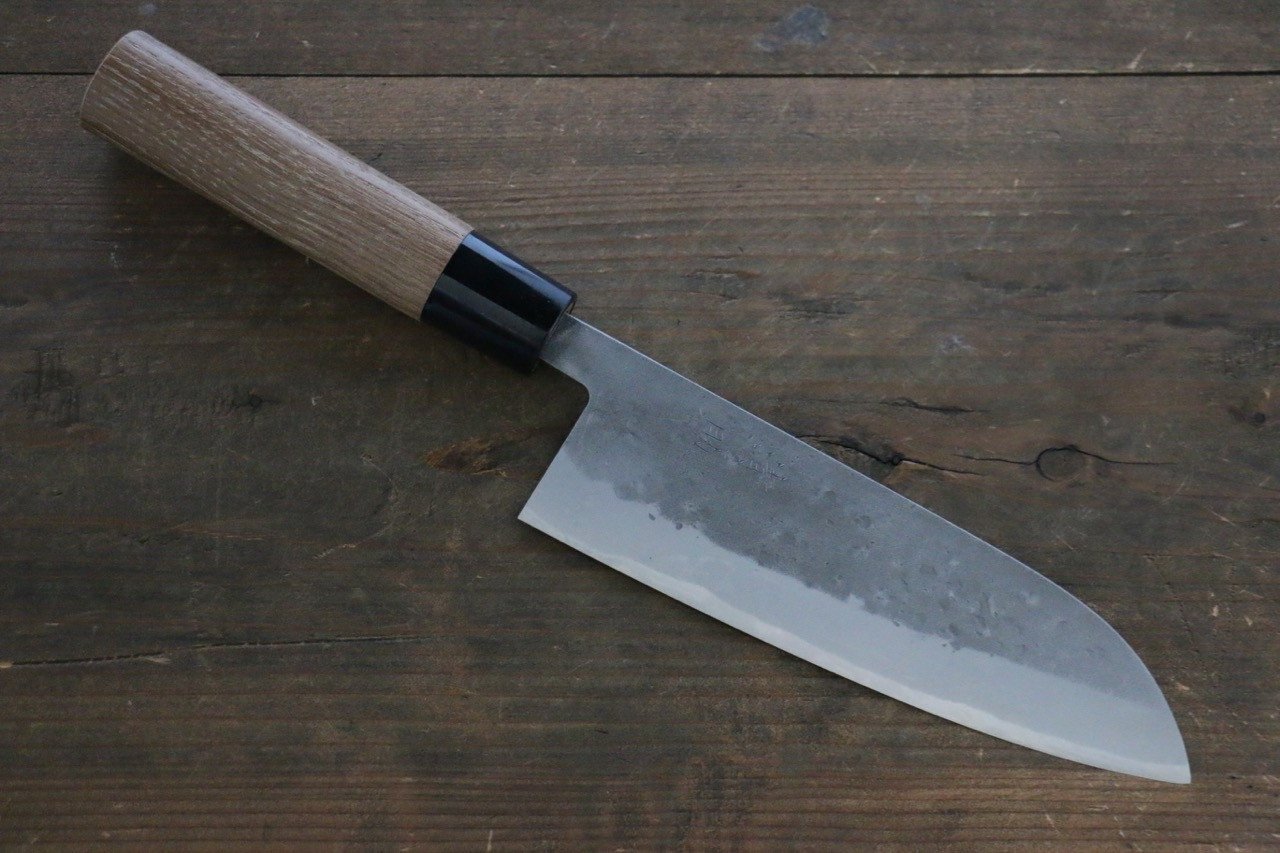 Premium Seisuke Blue Steel No.2 Nashiji Santoku Knife 165mm - Japanese Chef Knife with Chestnut Wood Handle - Perfect for Slicing, Dicing & Chopping Vegetables, Meat & Fish