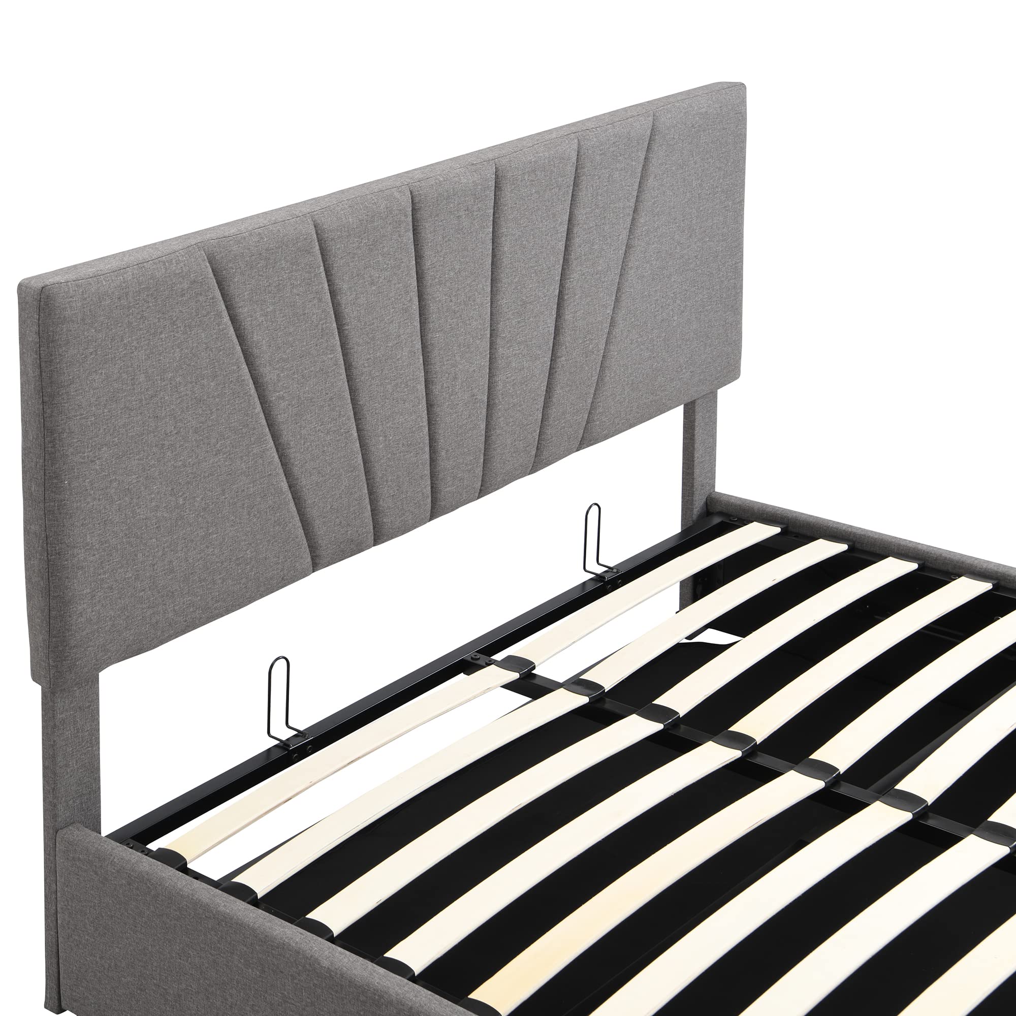 Queen Size Upholstered Platform Bed Frame with Gas Lift Storage | Grey Tufted Headboard & Hydraulic System | Space-Saving Bedroom Furniture for Small Apartments & Guest Rooms