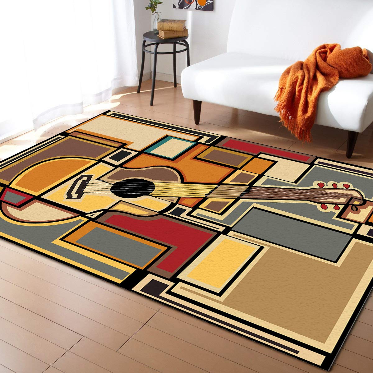 Vintage Geometric Lattice Area Rug with Retro Guitar Design - Soft & Comfortable 6x8ft Decorative Rug for Living Room, Bedroom, Office - Perfect for Boho Chic, Mid-Century Modern & Eclectic Home Decor