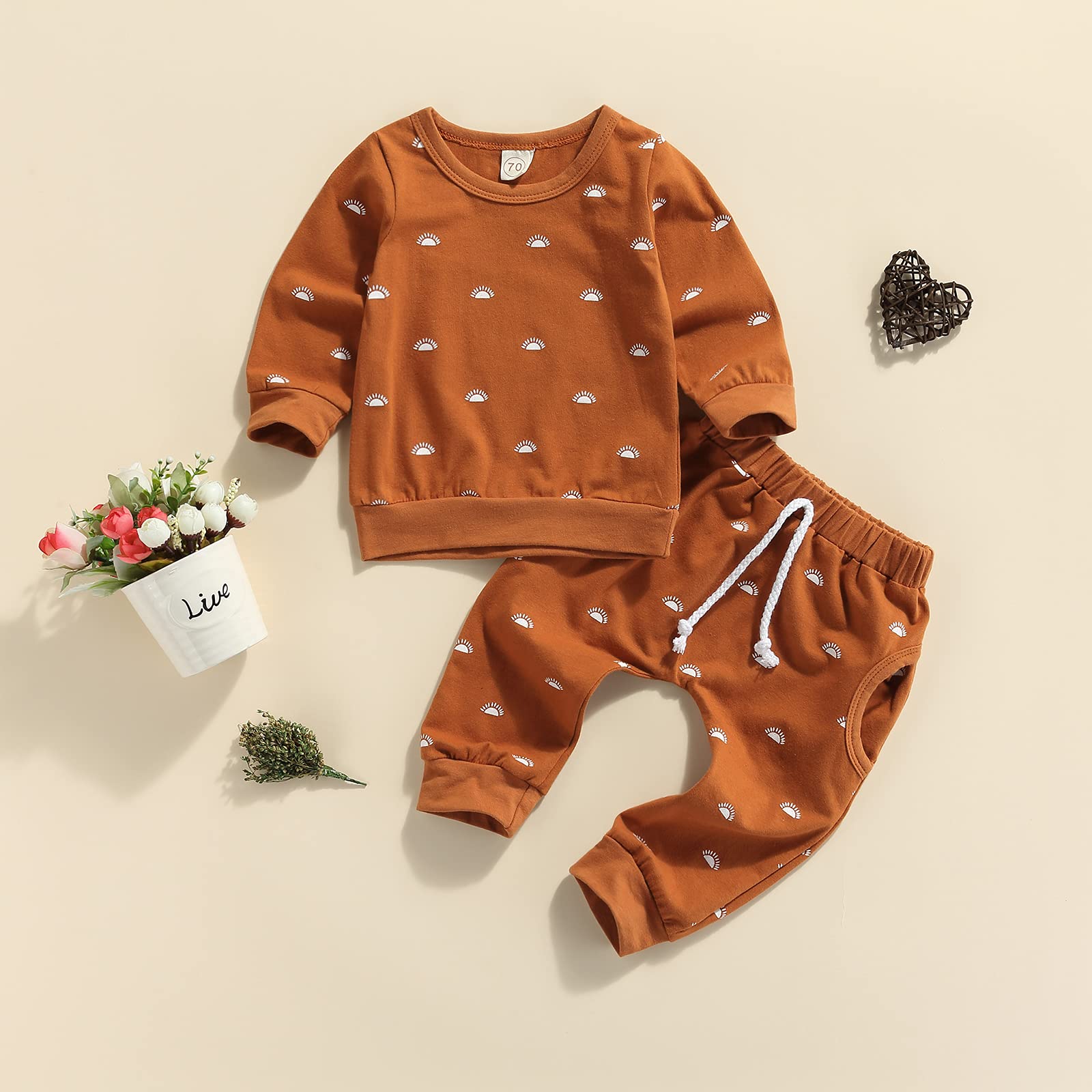 **Newborn Baby Boy & Girl 2-Piece Spring & Autumn Outfit Set – Sun Print Long Sleeve Crew Neck Pullover Sweatshirt & Pants (Brown Sun, 6-12 Months) – Perfect for Playdates, Family Photos & Casual Outings**