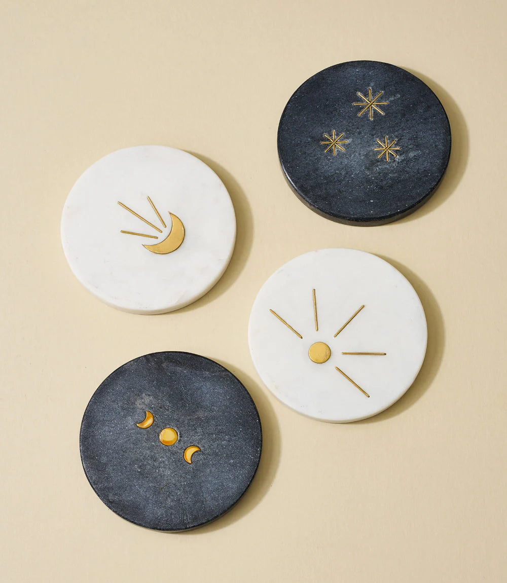 Moon & Stars Marble Coasters Set of 4 - Elegant Stone Drink Coasters for Coffee Table, Bar, Office - Perfect Gift for Home Decor & Housewarming