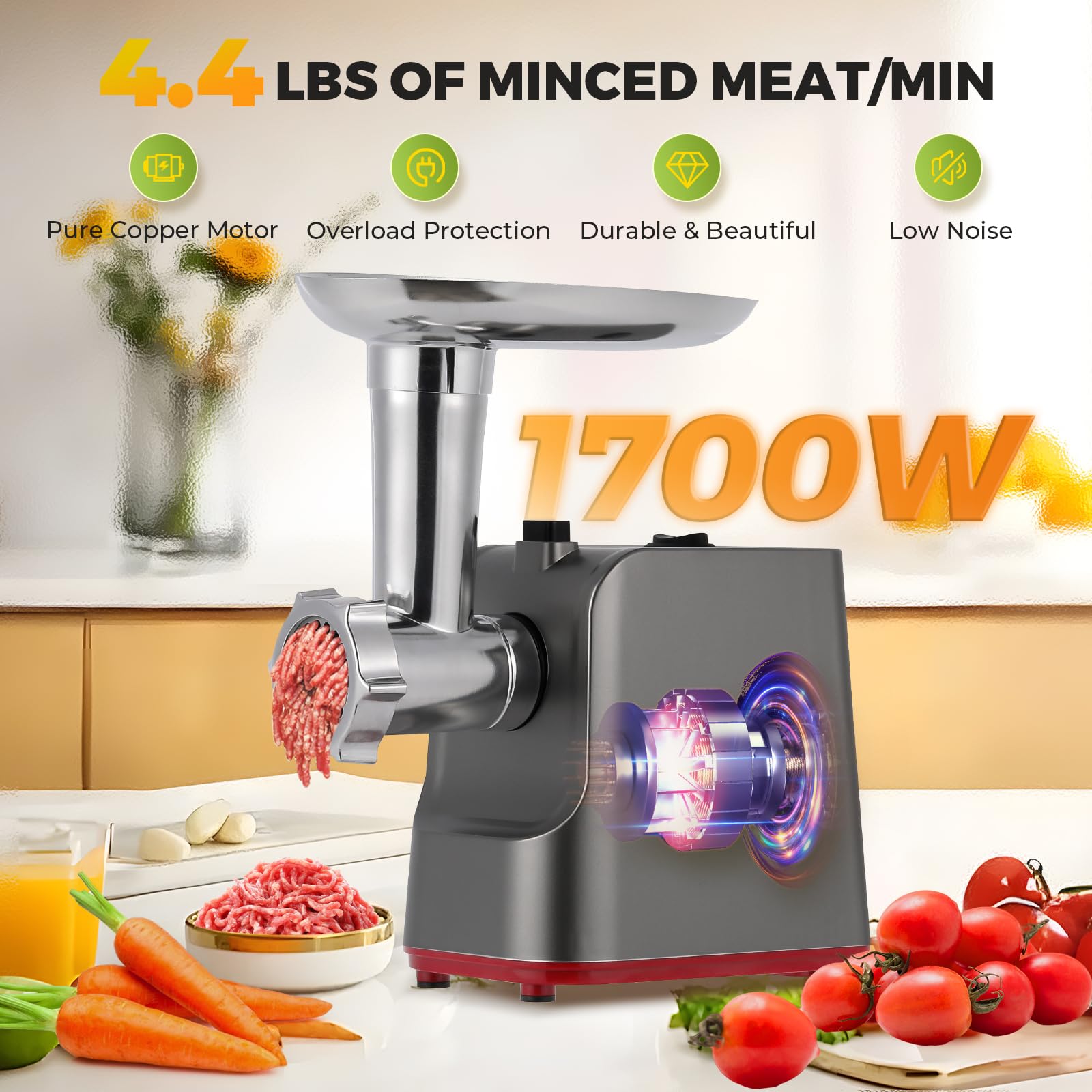 **1700W Electric Meat Grinder - 9-in-1 Stainless Steel Sausage Maker & Juicer with 3 Grinding Plates - Perfect for Home Kitchen, BBQ, and Food Prep**