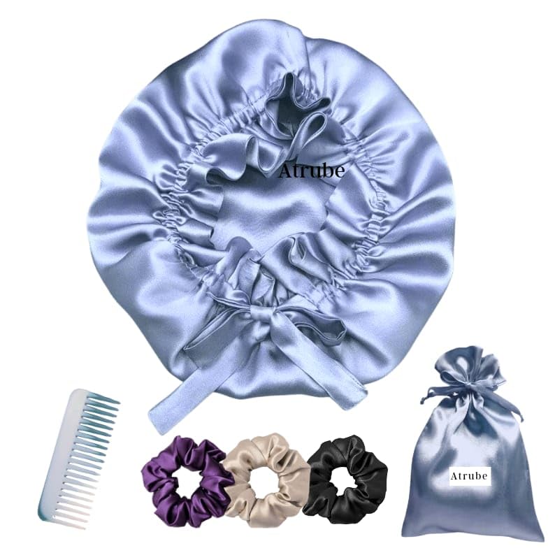 Atrube Women's Reversible Silk Satin Bonnet with Adjustable Drawstring - Sleep Hair Protection for Natural Hair, Curly Hair & Braids - Includes Matching Scrunchies (Sky Blue) | Perfect for Nighttime Hair Care, Travel & Salon Visits