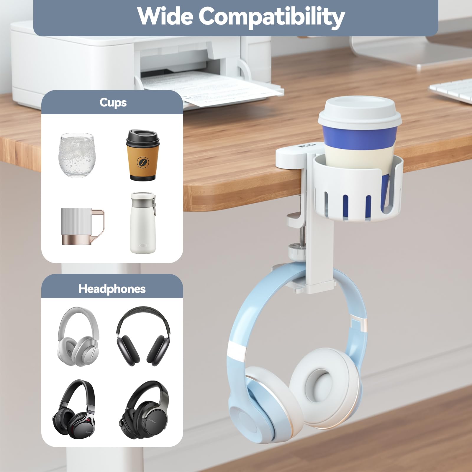 2 in 1 Rotatable Under Desk Headphone Hanger & Cup Holder - Space Saving Clamp Mount for Gaming Headsets, Coffee Mugs & Water Bottles - Perfect for Home Office, Gaming Setup & Workspace Organization (White)