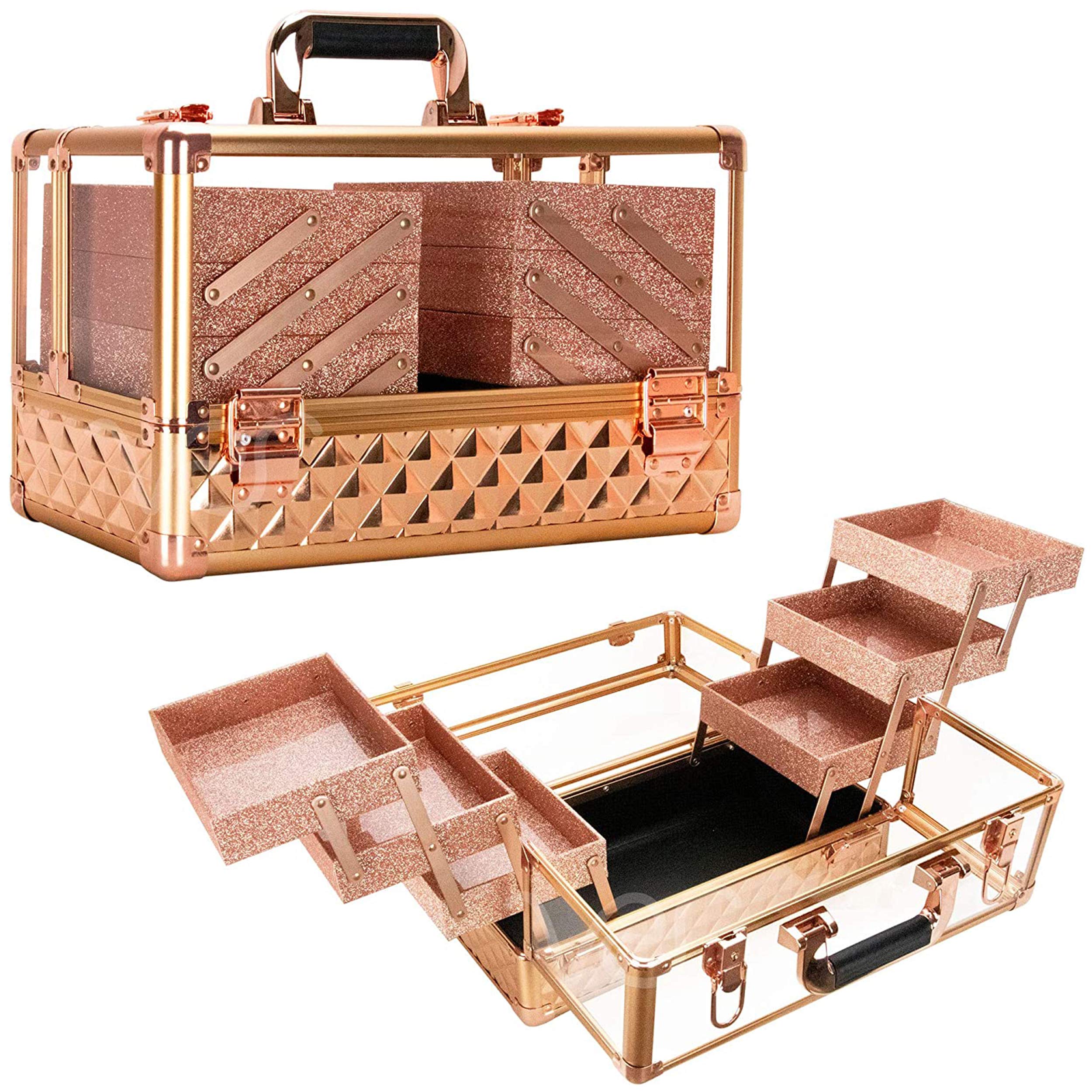 Ver Beauty Professional Jewelry & Makeup Organizer - 3.8mm Heavy Duty Acrylic Travel Case with 6 Extendable Trays & Keylocks (Rose Gold Diamond) - Perfect for Travel, Home Storage & Cosmetic Display