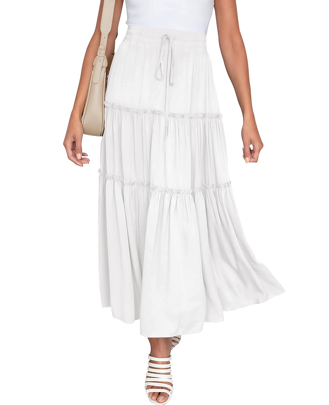 MYONE Women's High Waisted Elastic Maxi Skirt with Pockets - Drawstring Ruched Tiered Swing Skirt for Casual, Beach, and Party Wear