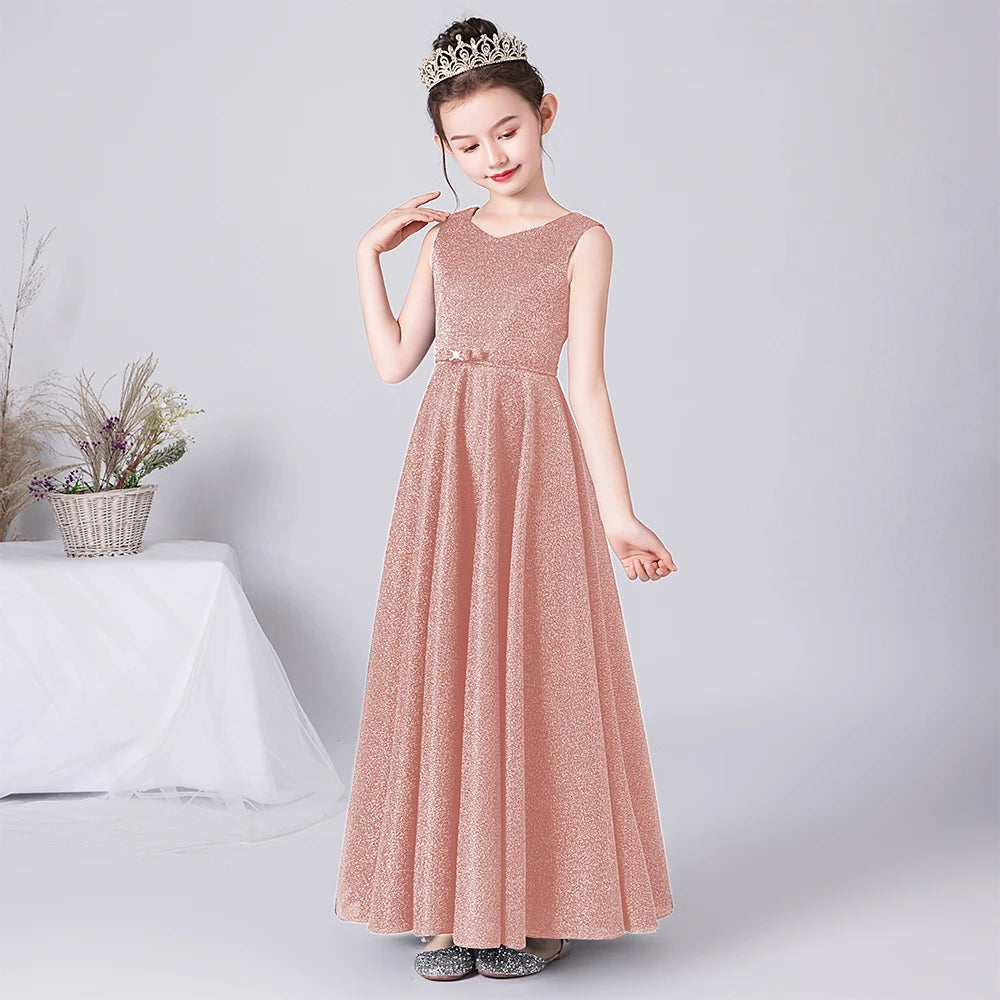 Elegant O-Neck Bow Floor-Length Princess Dress for Girls - Perfect for Birthday Parties, Pageants & Special Occasions | Formal Gown for Kids' Celebrations & Photo Shoots