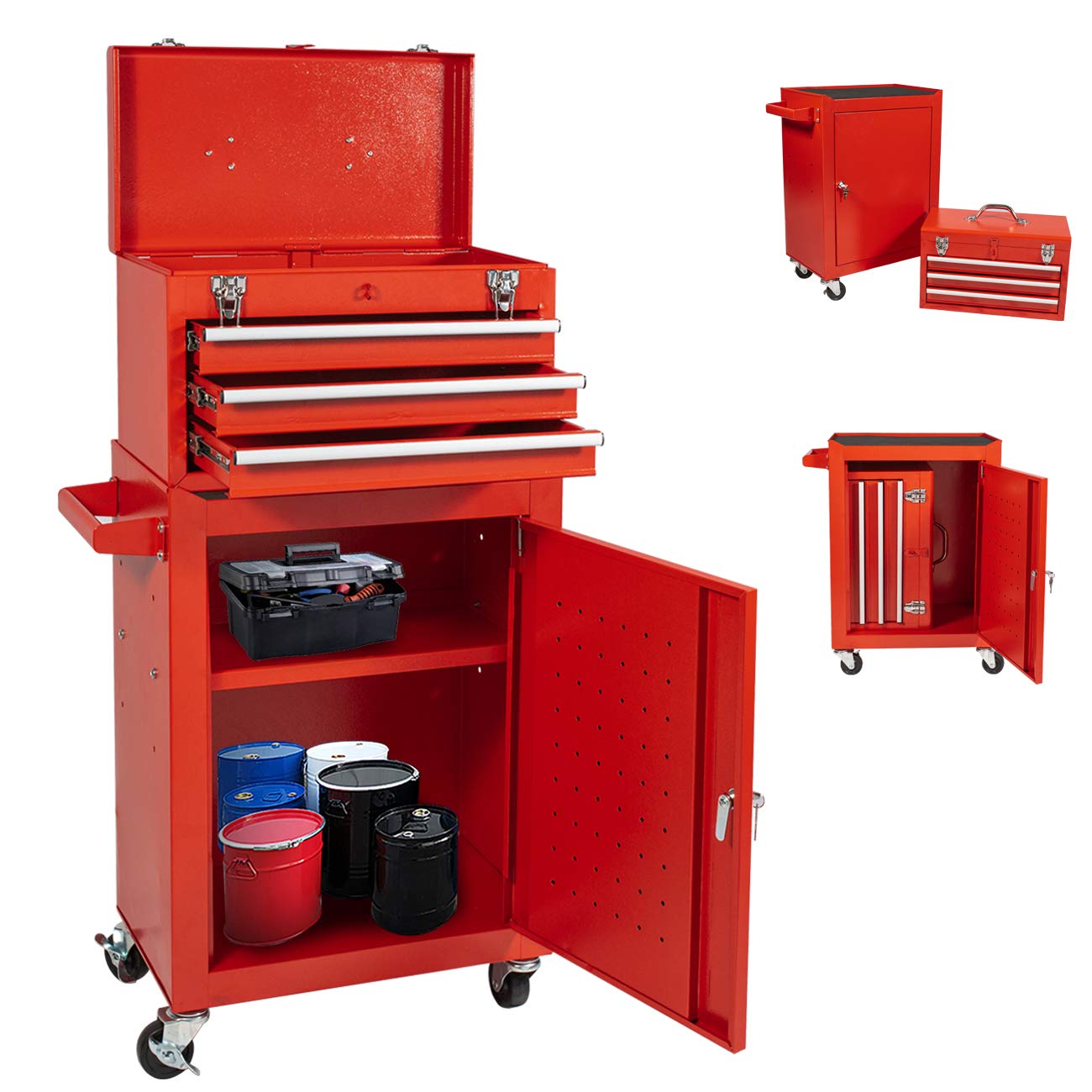 3-Drawer Rolling Tool Chest with Wheels & Lock - Portable Tool Box & Garage Cabinet 2-in-1, High Capacity Detachable Tool Organizer with Sliding Drawers (Red) - Perfect for Mechanics, DIY Enthusiasts & Home Garage Organization