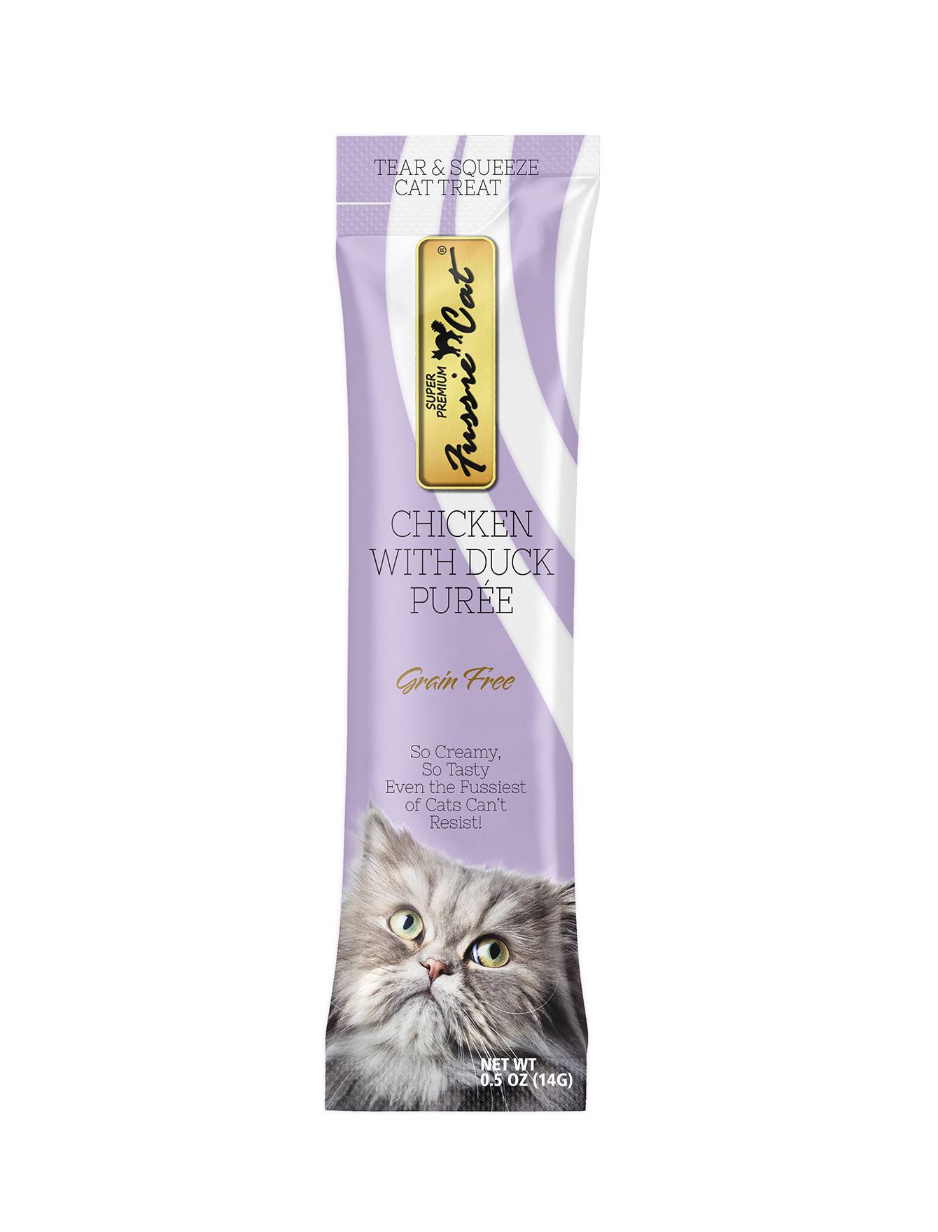 Fussie Cat Puree Super Premium Chicken with Duck Cat Treat - 14g x 4 Pack | Grain-Free Wet Cat Food Topper for Kittens & Adult Cats | Perfect for Training, Rewards & Picky Eaters