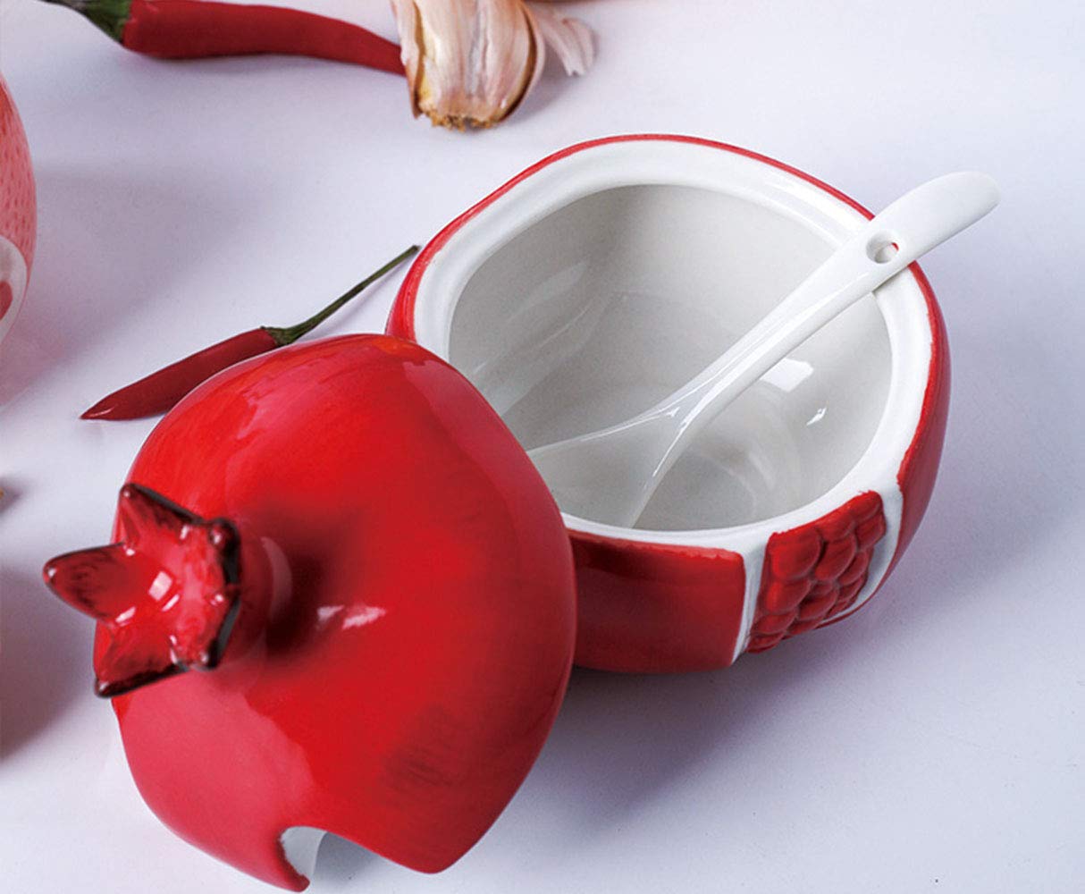 Premium Ceramic Pomegranate-Shaped Sugar Bowl with Spoon - Elegant Spice & Seasoning Storage Jar for Tea, Coffee, Baking & Kitchen Decor