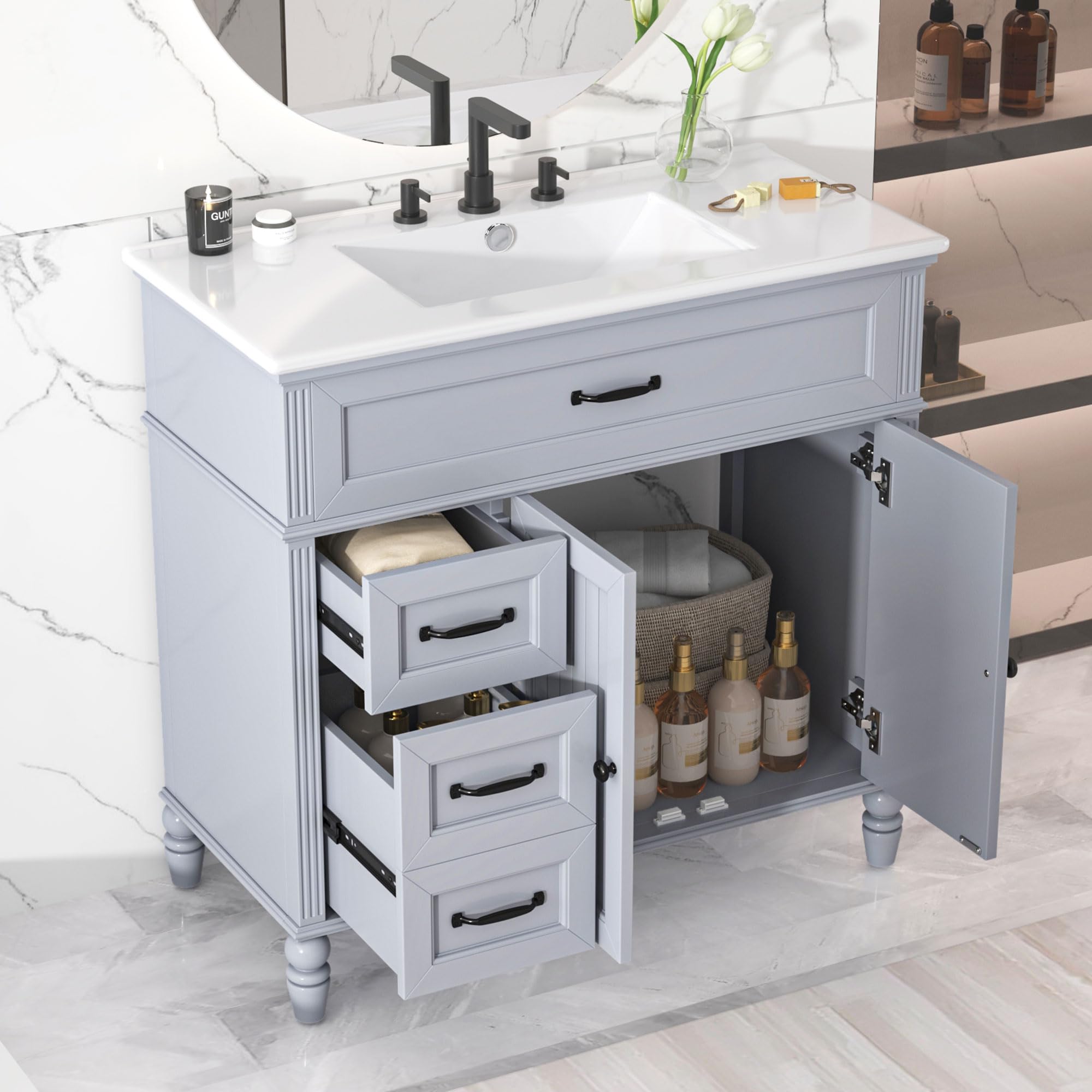 Harper & Bright Designs 36 Inch Modern Bathroom Vanity with Sink & Storage Drawers - Solid Wood Frame & MDF Board - Soft Close Door Hinges - Space Saving Gray Cabinet for Small Bathrooms, Powder Rooms & Master Baths