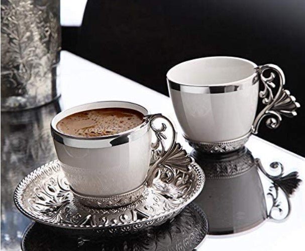 Premium Silver Turkish Coffee Set - 6-Piece Handcrafted Brass Pot & Cups for Authentic Brewing | Perfect for Home, Office & Gifting