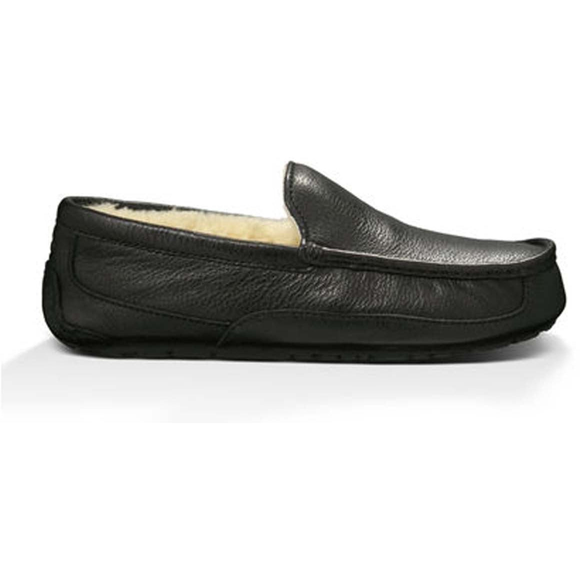 UGG Men's Ascot Leather Slippers - Black Genuine Leather House Shoes for Indoor & Outdoor Comfort | Perfect for Lounging at Home, Running Errands, and Travel