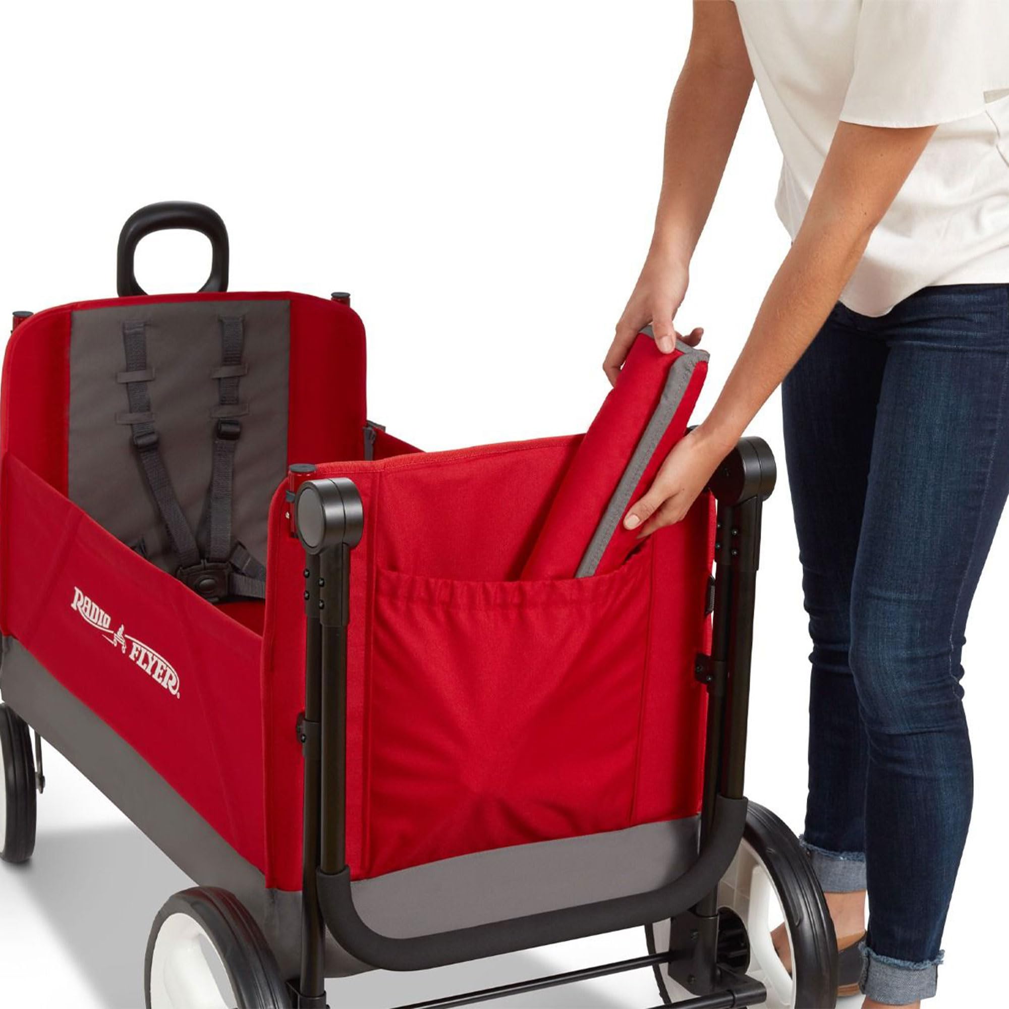 **Radio Flyer 4-in-1 Stroller Wagon for Kids - 5-Point Safety Harness, Rear Brake & Push-Pull Handle - Perfect for Park Outings, Beach Trips & Family Adventures (Red)**
