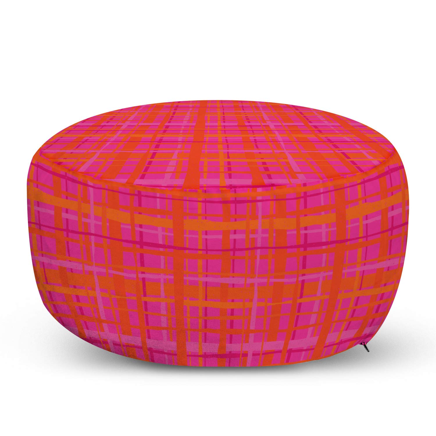 Ambesonne Abstract Ottoman Pouf - Plaid Pattern Hand-Drawn Stripes Footrest with Removable Cover for Living Room & Bedroom - Hot Pink & Burnt Orange | Perfect for Home Decor, Lounge Seating & Extra Guest Seating