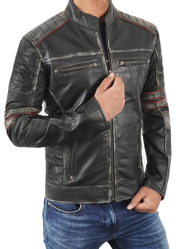 SpazeUp Harley Black Distressed Leather Biker Jacket for Men - Vintage Cafe Racer Motorcycle Jacket | Rugged Outerwear for Riding, Casual Wear & Street Style Fashion