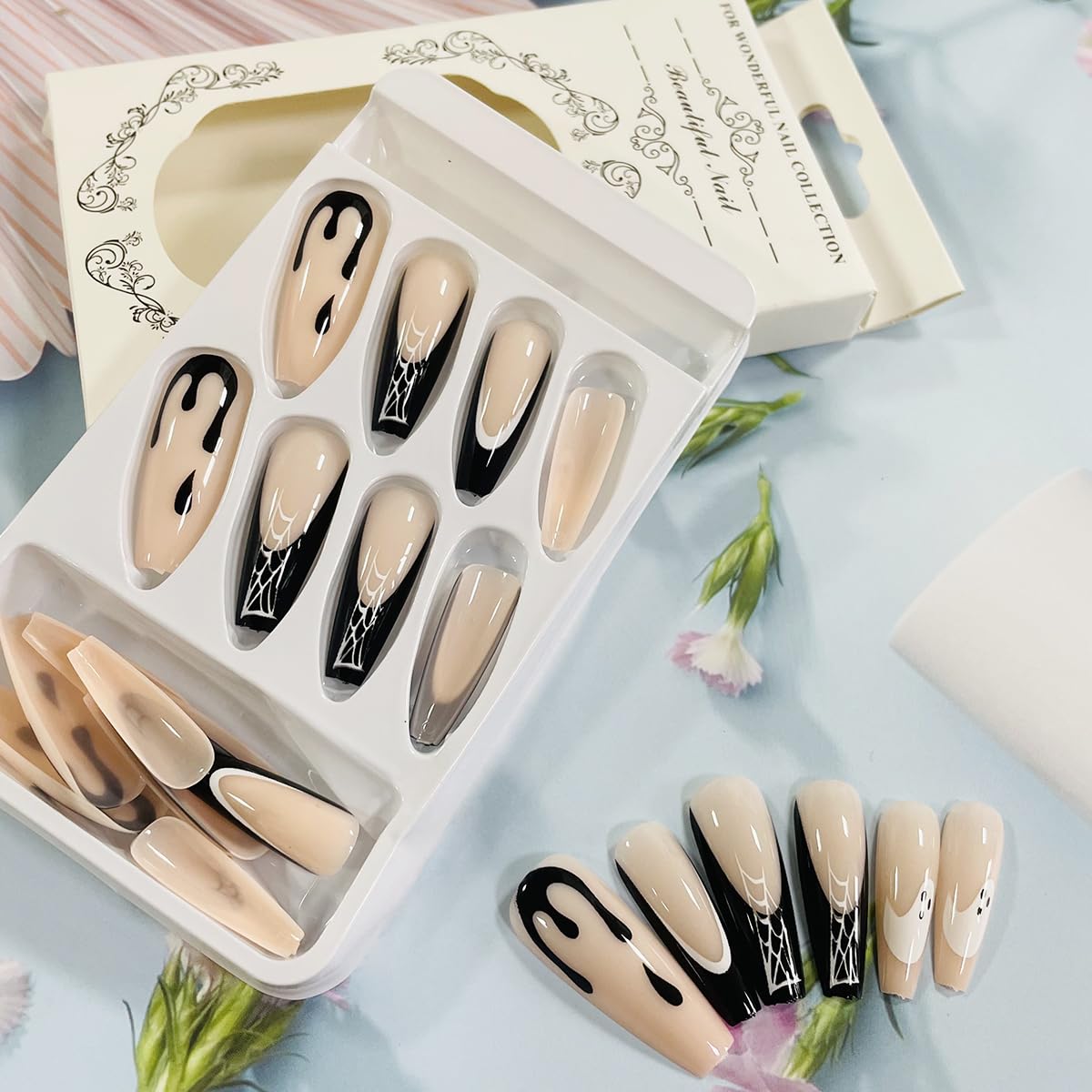 24Pcs Halloween Fake Nails - Long Coffin French Tip Press on Nails with Gothic Ghost & Spider Web Designs | Full Cover Glue on Acrylic Nails in Nude Pink & Black | Perfect for Women & Girls Halloween Party, Cosplay & Gothic Manicure