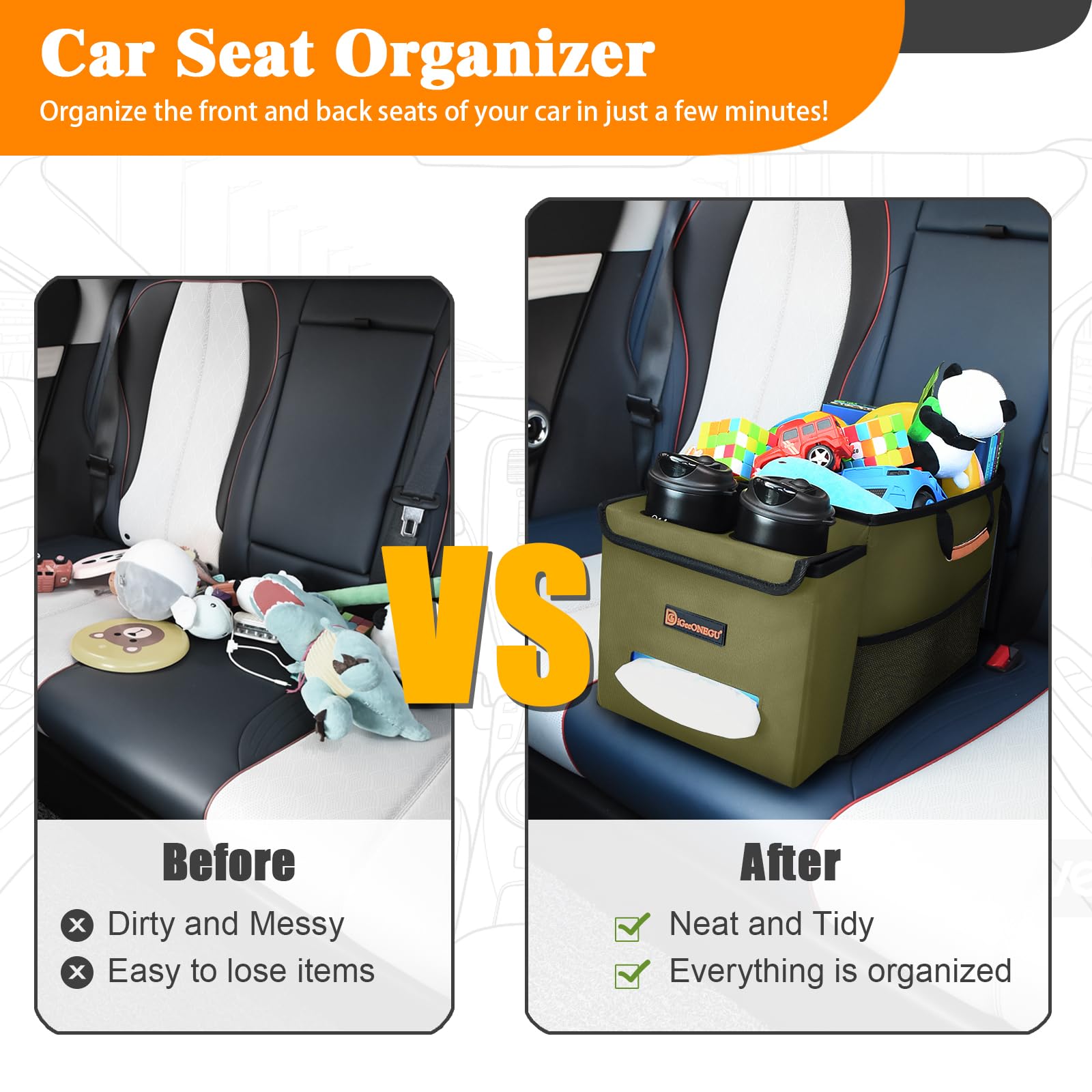 Car Seat Organizer with Cooler Compartment & Cup Holder - Front & Back Seat Storage for Kids - Travel Organizer with Lid, Tissue Holder for Road Trips & Family Vacations - Olive Green