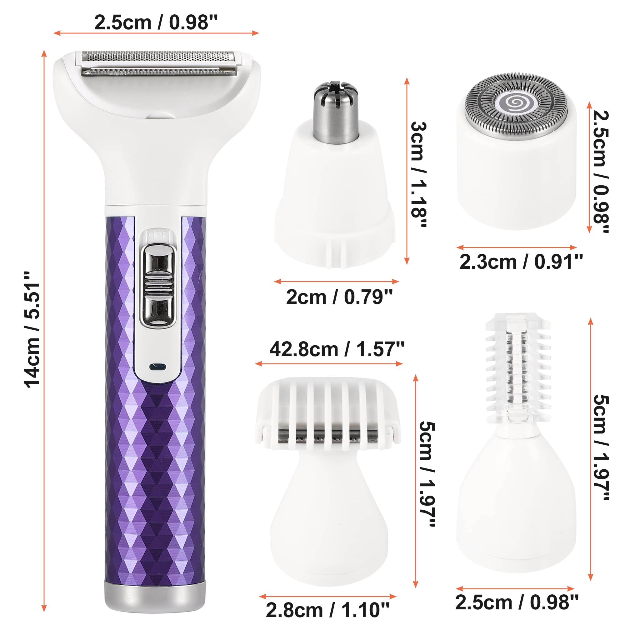 VOCOSTE 5-in-1 Electric Razor for Women - Rechargeable Cordless Wet/Dry Shaver for Face, Legs & Bikini Line - Portable Hair Trimmer & Body Groomer (Purple) | Perfect for Travel, Gym & Quick Touch-Ups