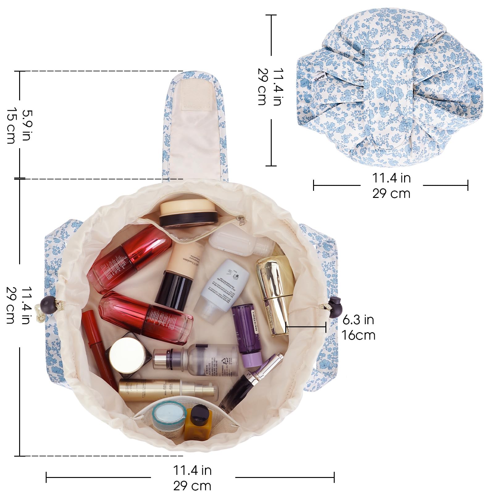 Large Floral Drawstring Makeup Bag | Waterproof Cosmetic & Toiletry Organizer | Travel Makeup Pouch for Women & Teen Girls | Perfect Gift for Birthdays & Travel | (Little Blue Flower Design, Patent Protected)